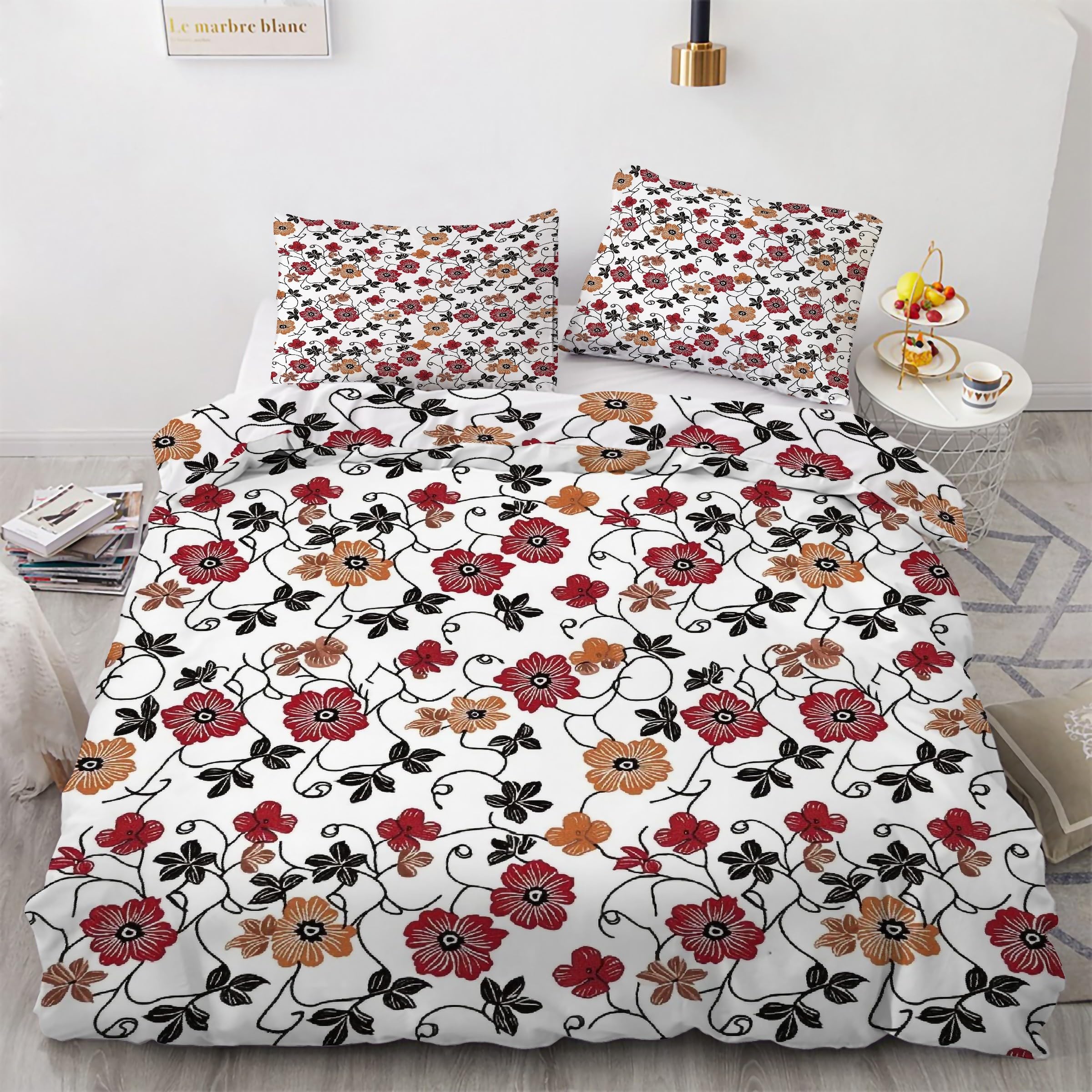 Ensemble de literie 3 pièces 90x190 fleurs rétro avec housse de couette zippée en microfibre