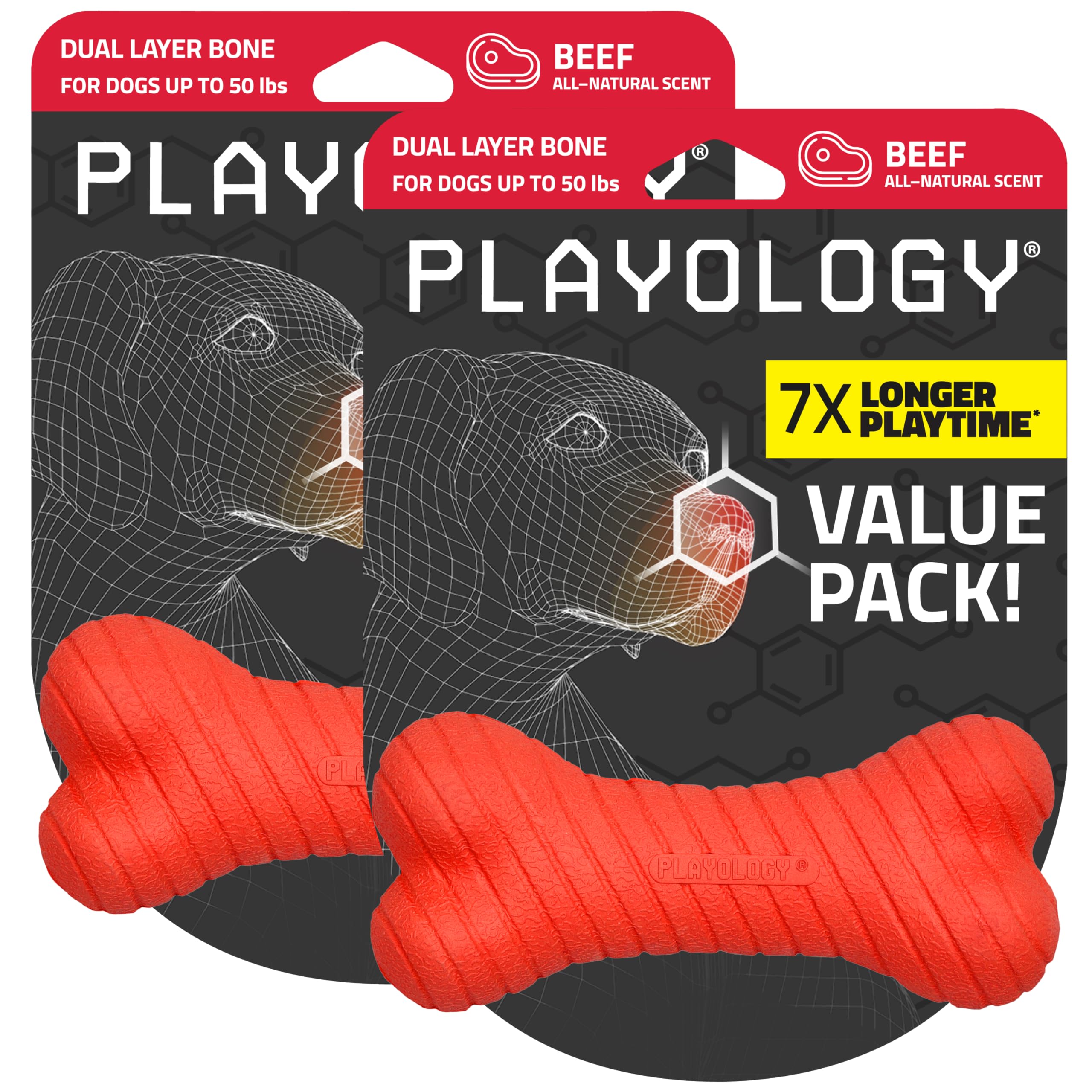 Playology Dual Layer Bone Dog Chew Toy – Medium, Beef Scent, 2-Ct