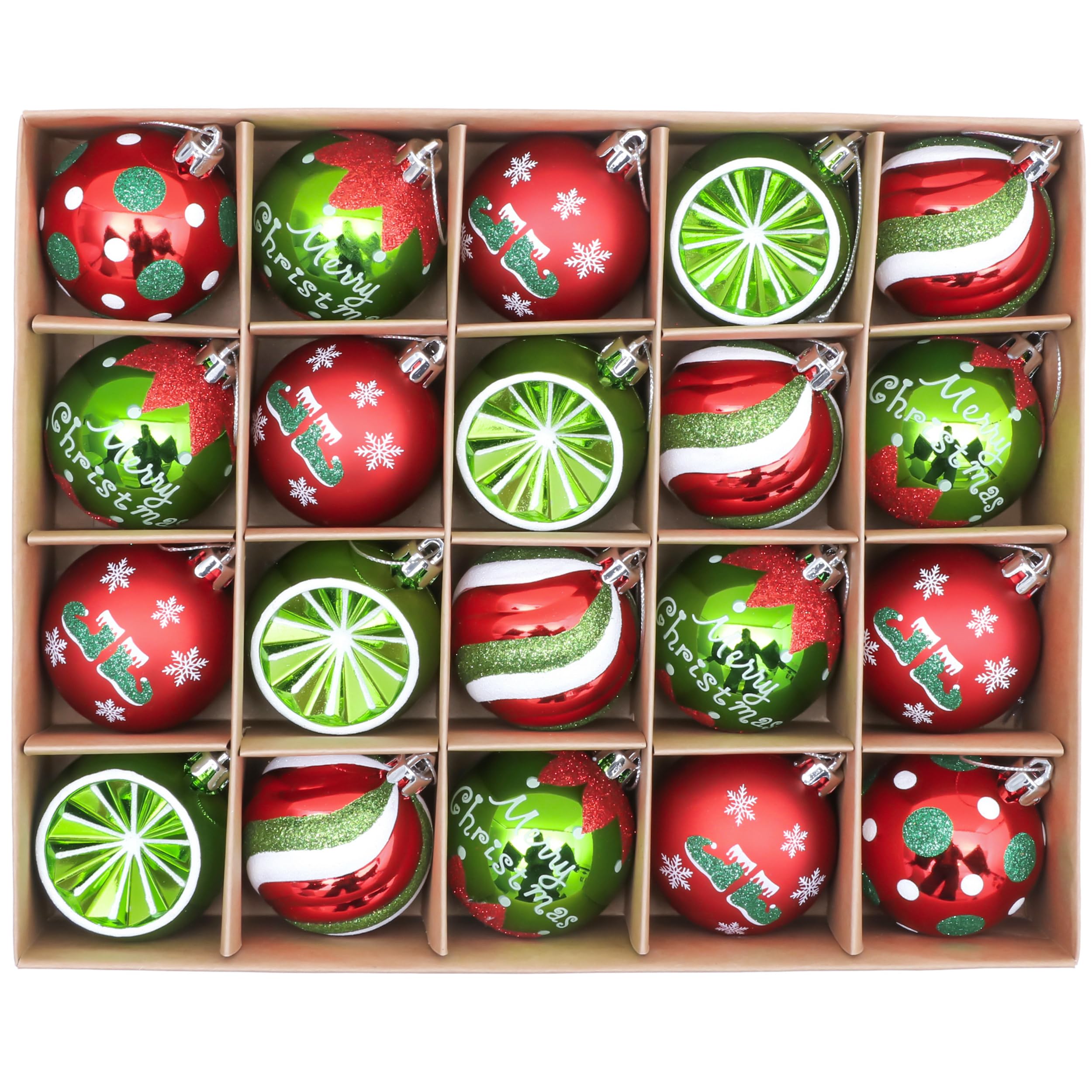 Victor's Workshop 20Pcs Bolas de Navidad 6cm, Adornos de Navidad para Arbol Tema Elfo Setl, Decoración de Bolas Navideños Plástico de Rojo Blanco Verde, Regalos de Colgantes de Navidad (Deleitoso)