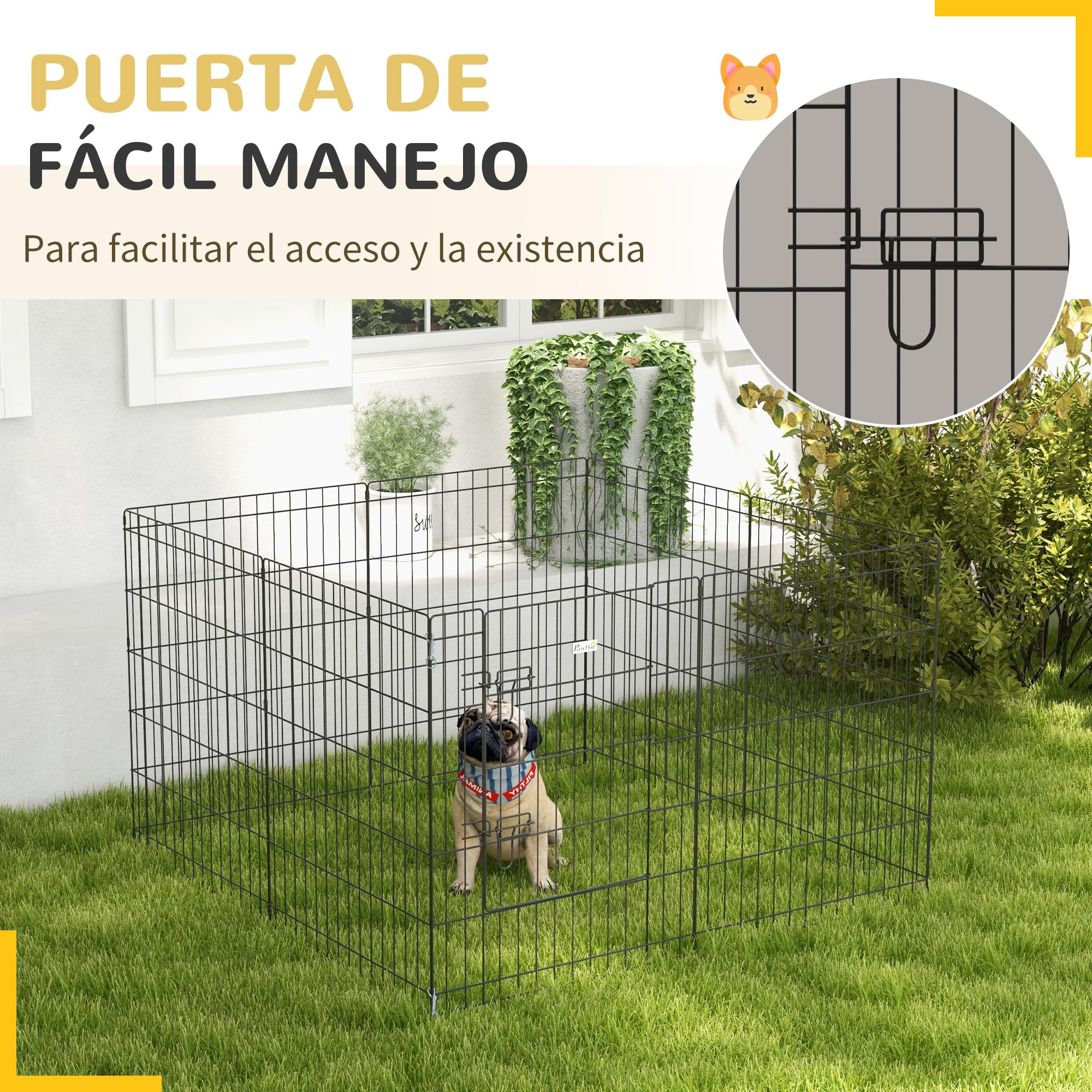 PawHut Parque para Perros de 8 Paneles para Mascotas 76x61 cm Negro | Jaula Metálica, Vallas para Perros Plegables, con Puerta y Doble Cerradura, para Jardín Patio Exterior