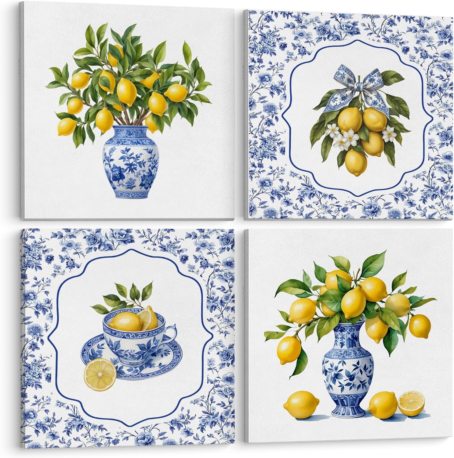 LUKIPOM Chinoiserie Lemon Wall Art Posters, Grandmillennial Home Decor, Blue and White Floral Porcelain Lemon Tree Canvas Prints Artwork for Kitchen Wall Decor, 8x8Set of 4
