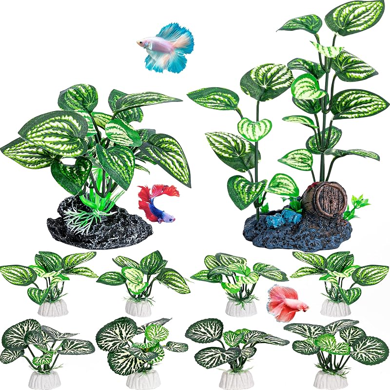 Plantas artificiais de seda para aquário com base de cerâmica MyLifeUNIT, pacote com 10