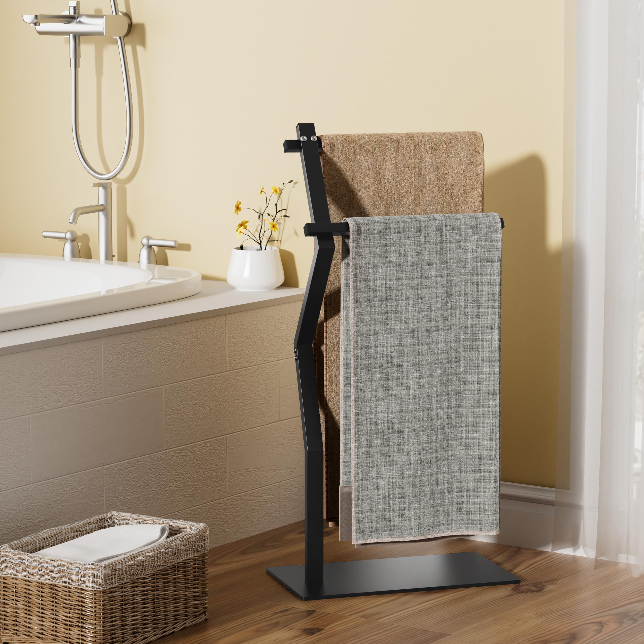 OUTBROS Portasciugamani da bagno autoportante, portasciugamani a 2 bracci, scaffale per asciugatura ed esposizione con ripiano, porta asciugamani per soggiorno, 40 x 20 x 80 cm, nero