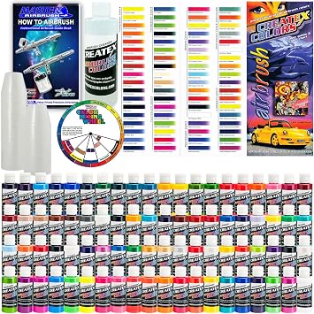 Createx Deluxe 80 Color Professional Airbrush Paint Set - Includes 80 Colors - Opaques, Transparents, Pearlescents, Flourescents and Iridescents and Airbrush Cleaner, Pack of 50 Paint Mixing Cups