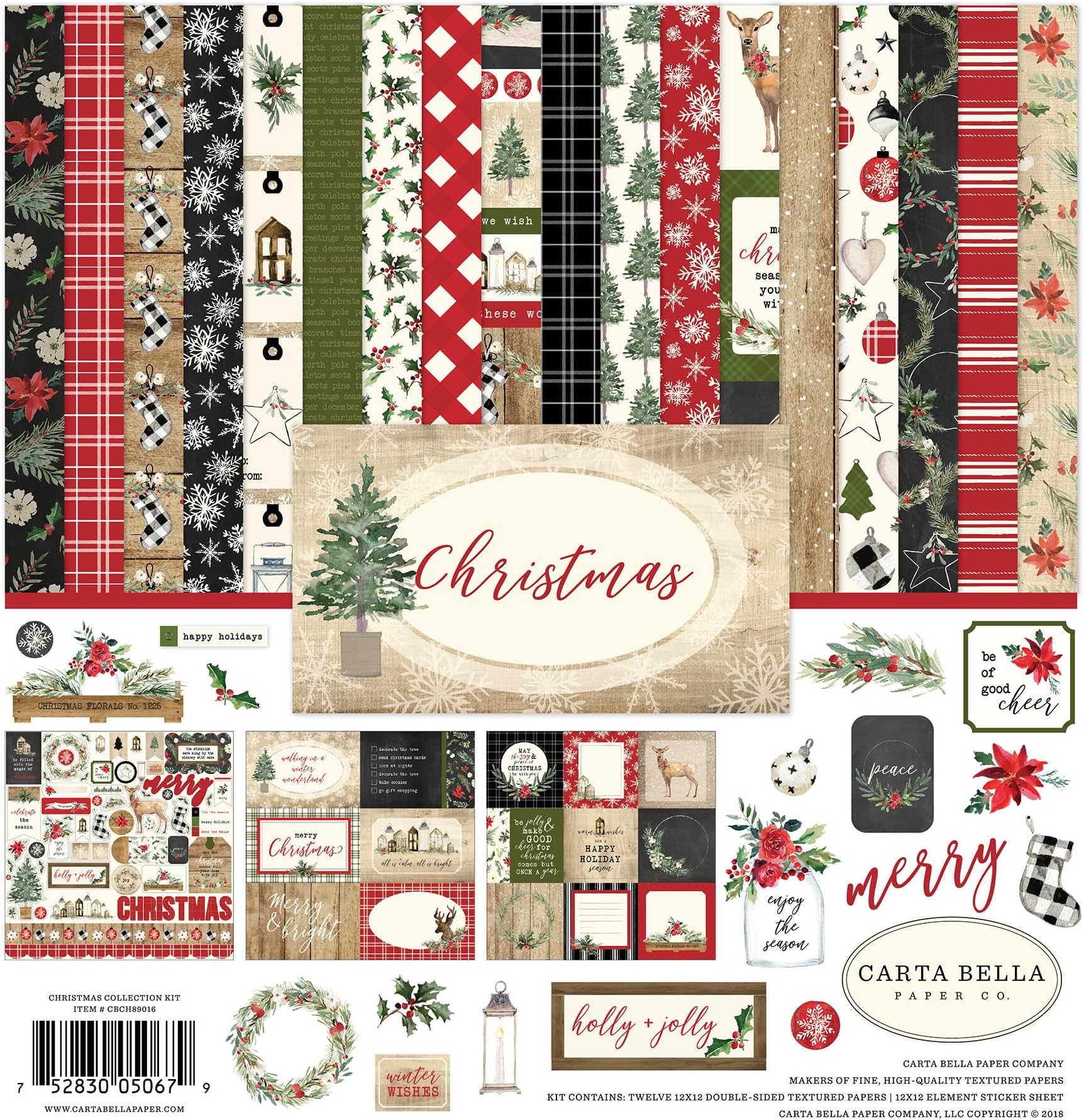 Carta Bella Paper Company Christmas Collection Kit paper, Red/Green/Black/Tan, 12-x-12-Inch