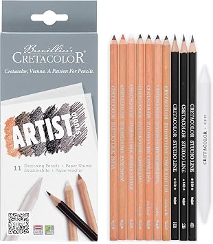 CRETACOLOR Artists Studio Line Drawing 101 Set, Artist Studio 11 Sketching Pencils & Paper Stump