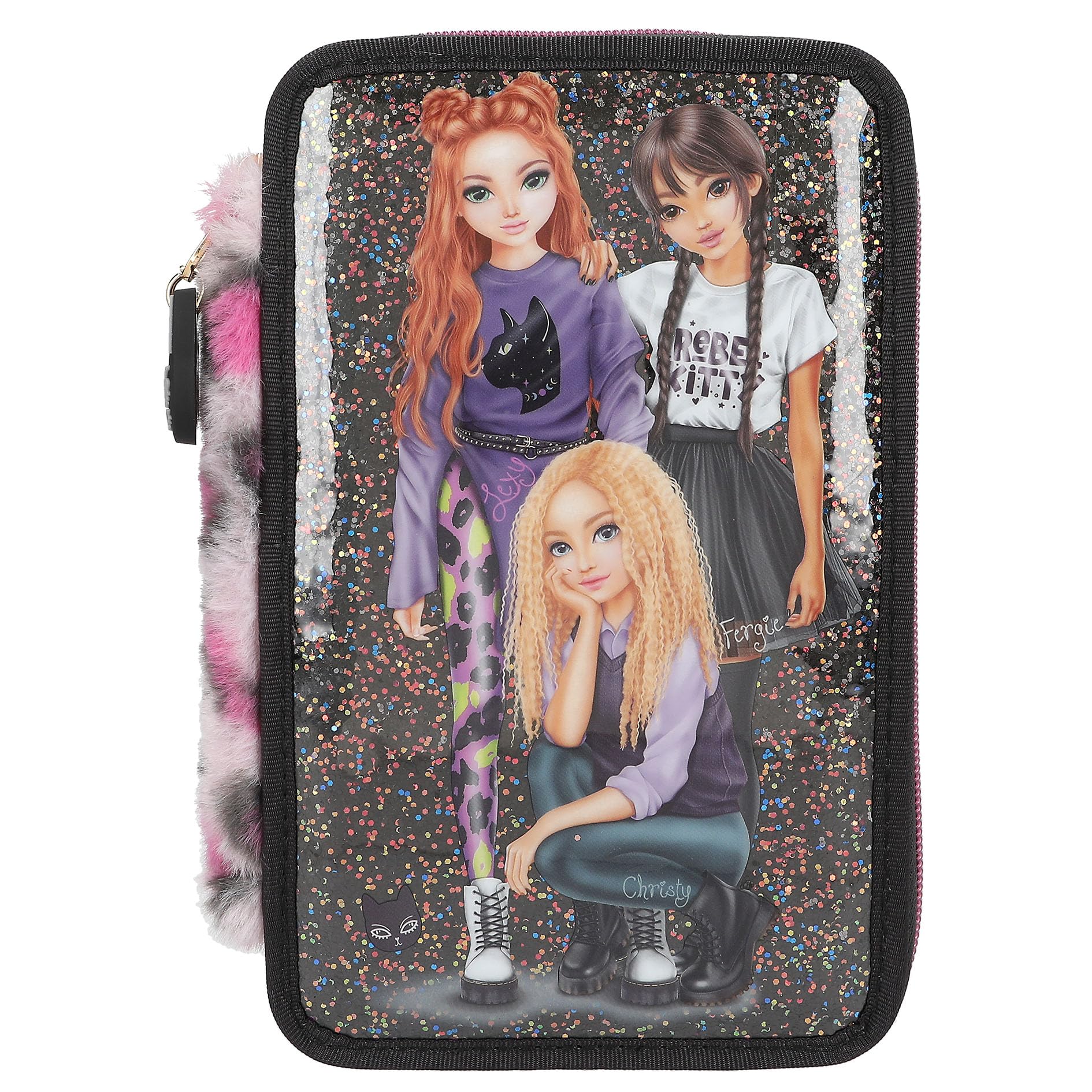 Depesche 13017 TOPModel Rebel Kitty, Filled 3-Compartment Pencil case in Black, with Model Motif, Glitter and Leo Fur