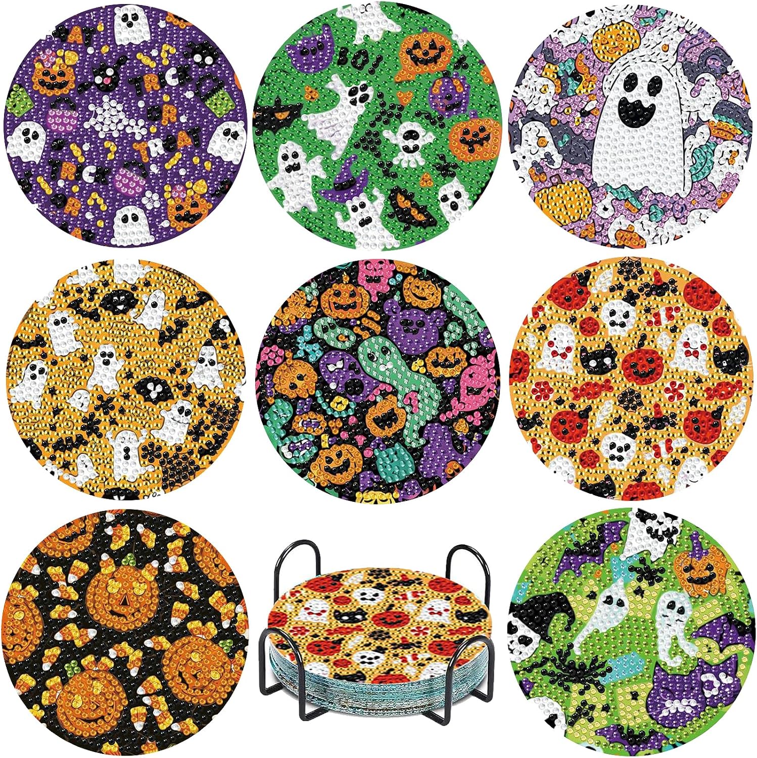 EWJRNSF 8 PCS Cute Ghost Diamond Art Coasters Kit with Holder for Adults