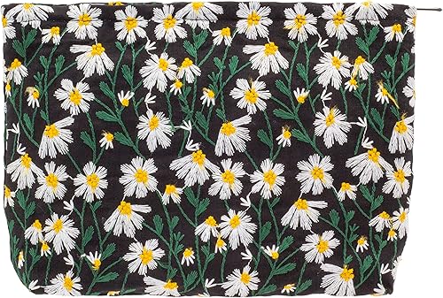 Pazimiik Bolsa para maquillaje, estuche cosmético con cierre, negro (Daisy Black), Floral