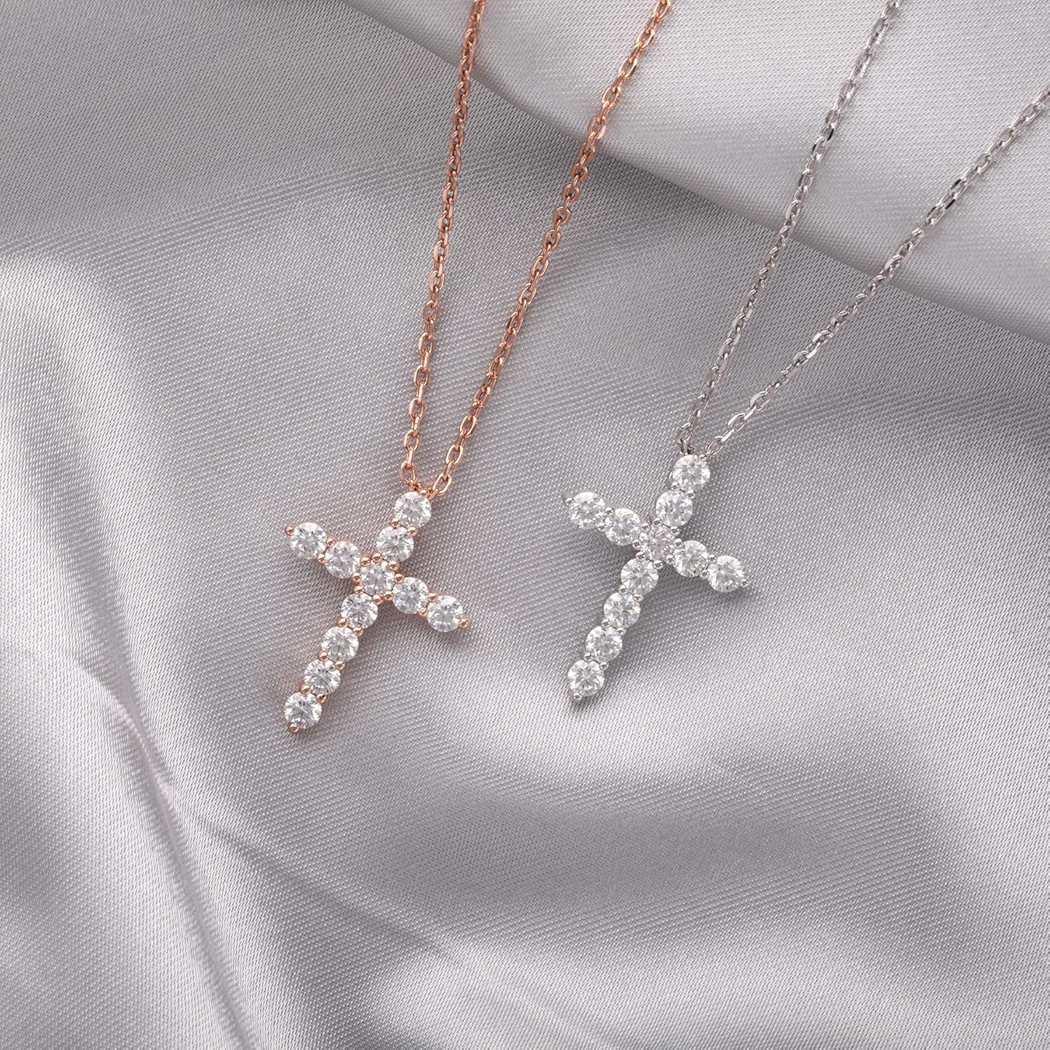 Ladylike Moissanite Cross Pendant Necklace for Women with 11 Pieces of 3mm D VVS1 Moissanites 18K Gold Plated Sterling Silver Small and Exquisite16+2”inches Necklace Chain - Image 7