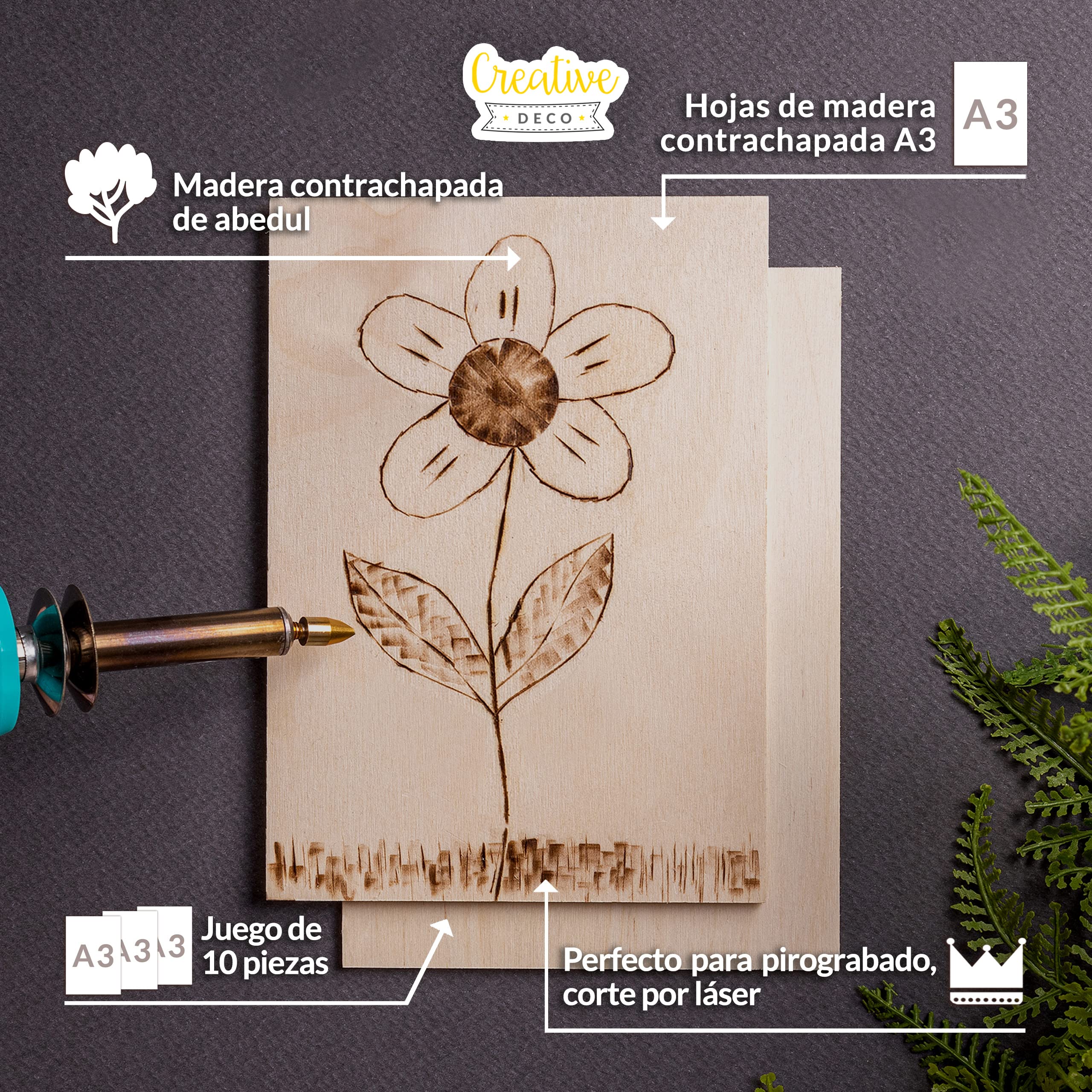 Creative Deco 10 x A3 Tablero Madera Manualidades Contrachapado | 420 x 300 x 3 mm (+/- 2mm) | Chapa Maciza Abedul Maderas para Bricolaje | Pirograbado, Corte por Laser, CNC Router, Modelado