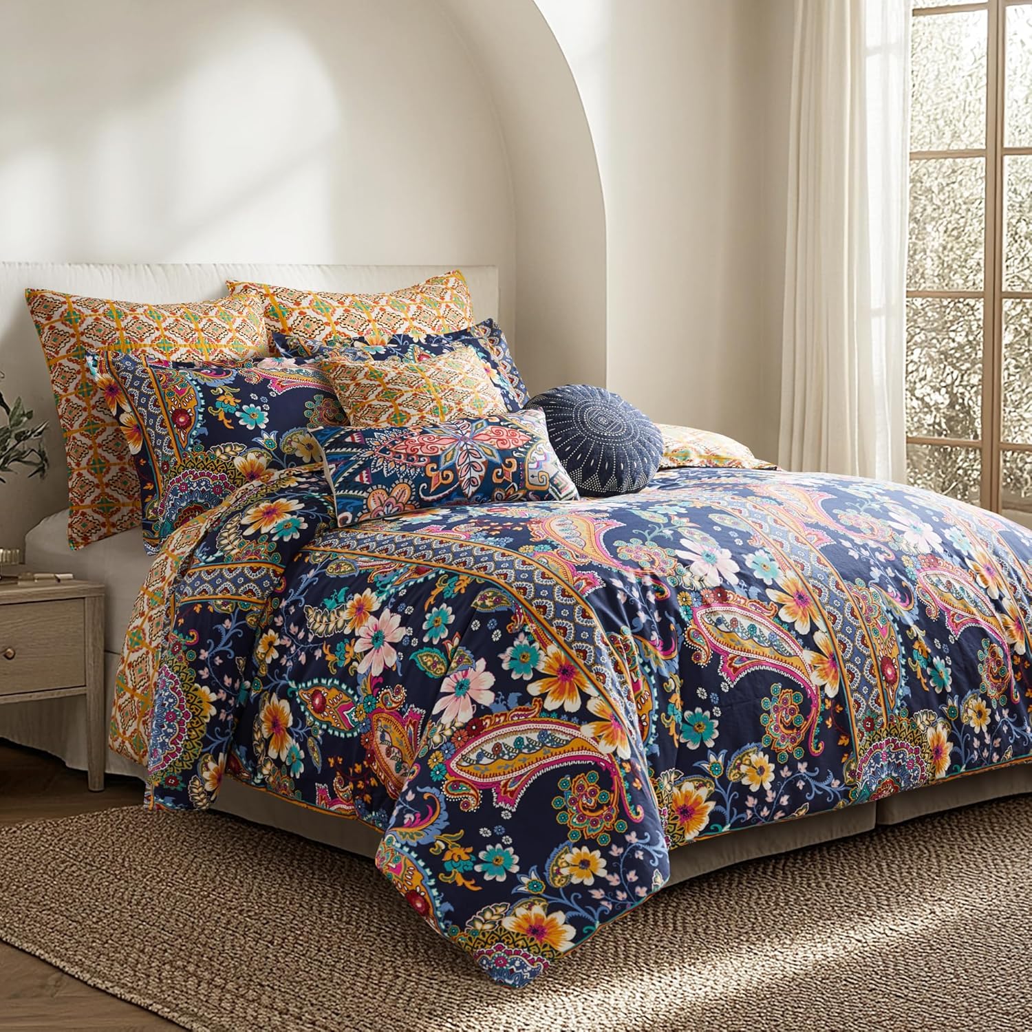 Levtex Home – Bertelli Navy Comforter Set – Floral – Navy, Pink, Ochre, Blue Teal, Green – Comforter (90 x 94in.) and Two Pillow Cases (26 x 20in.) – Cotton