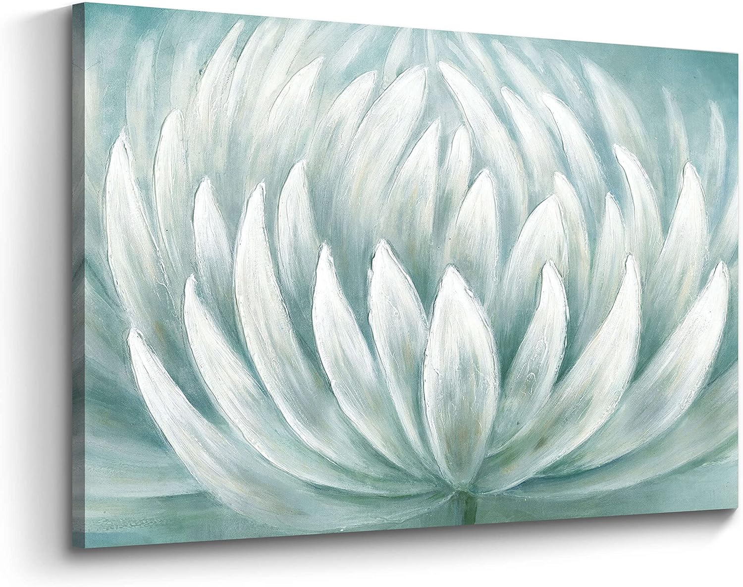 Abstract Flower Canvas Wall Art: Large White Floral Blossom Picture Modern Textured Lotus Bloom Print Artwork Horizontal Contemporary Botanical Teal Turquoise Color Painting for Home Bedroom Living