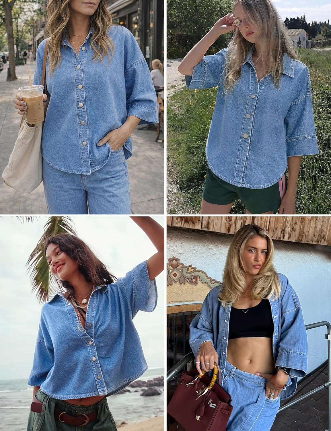 Denim Shirt Women Oversized Button Down Jean Blouse 3/4 Sleeve Casual Lightweight Short Top V Neck Shacket