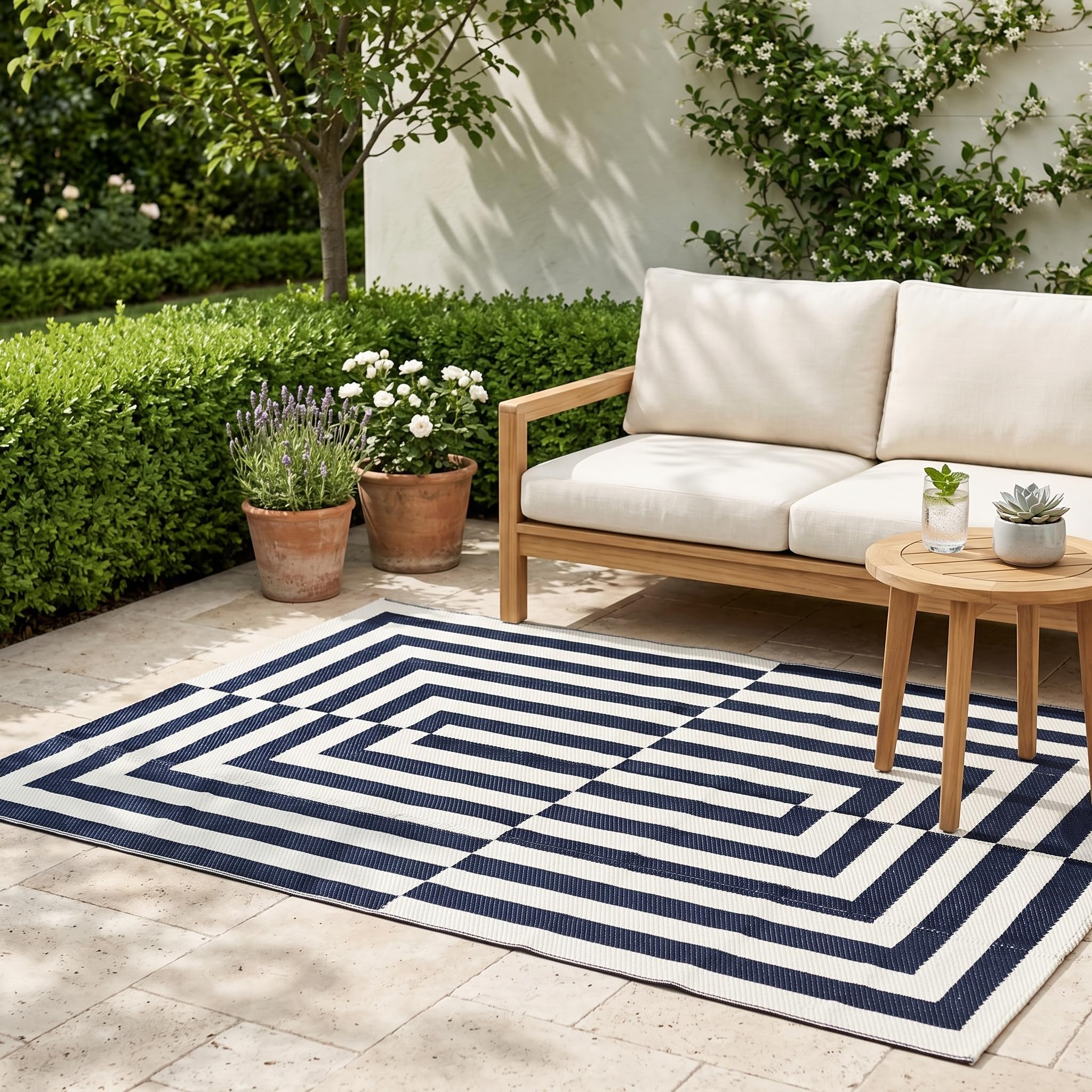 Relsy Reversible Outdoor Rug Large 160 x 230 cm Area Garden Rug, Black & Cream Grid Area Rugs For Garden Outdoor Patio, Camping Mat, Deck, Picnic