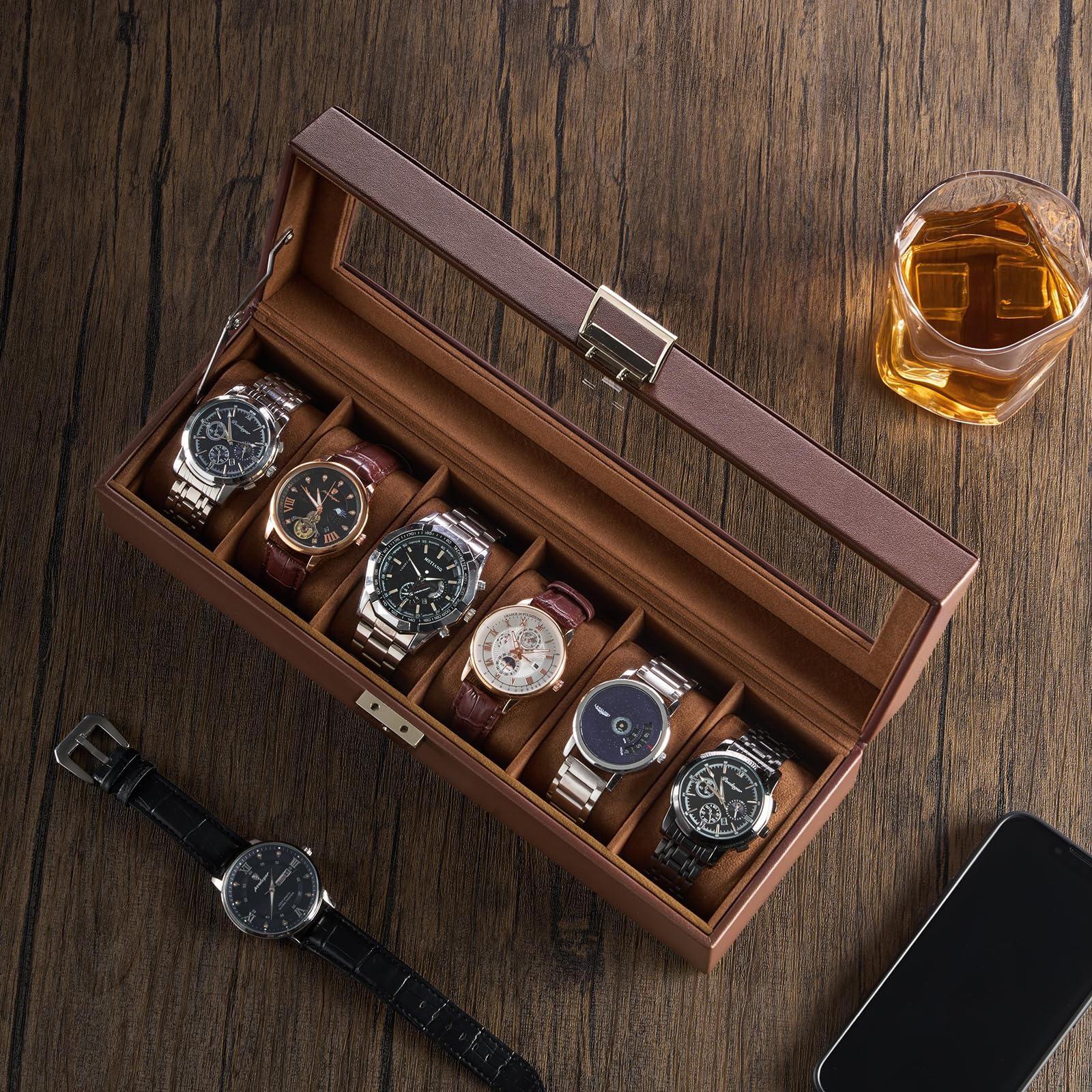 Scatola porta orologi a 6 scomparti per uomo, organizer per orologi da uomo in pelle PU con morbido cuscino, contenitore per collezione di orologi con chiusura a chiave e coperchio in vetro,