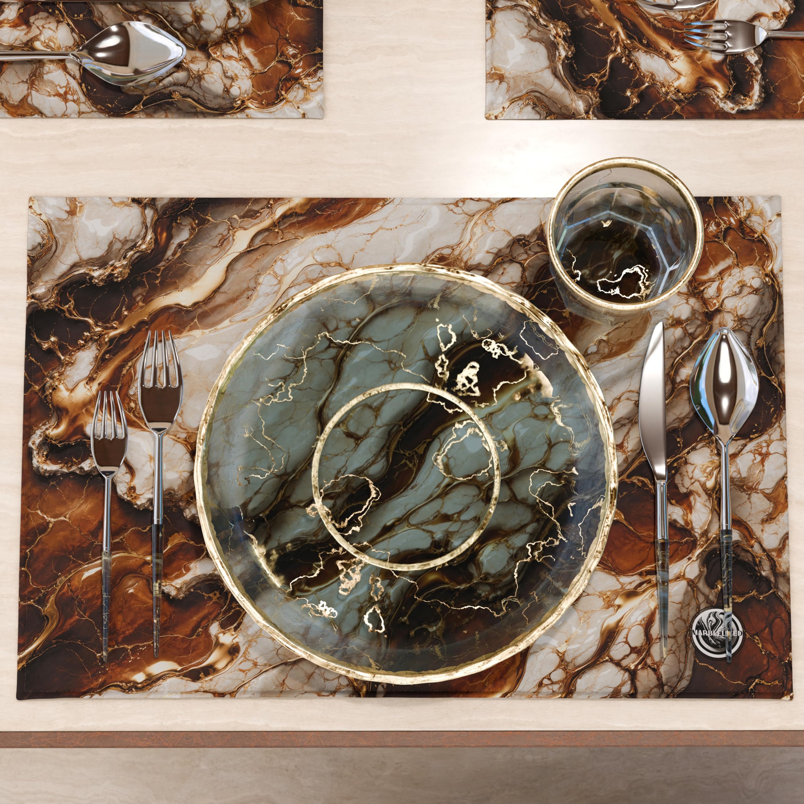 MARBLELIZED, Washable American Placemats, Brown Marble Effect Fabric Placemats, Set of 2 (30 x 45 cm), Elegant - Image 3