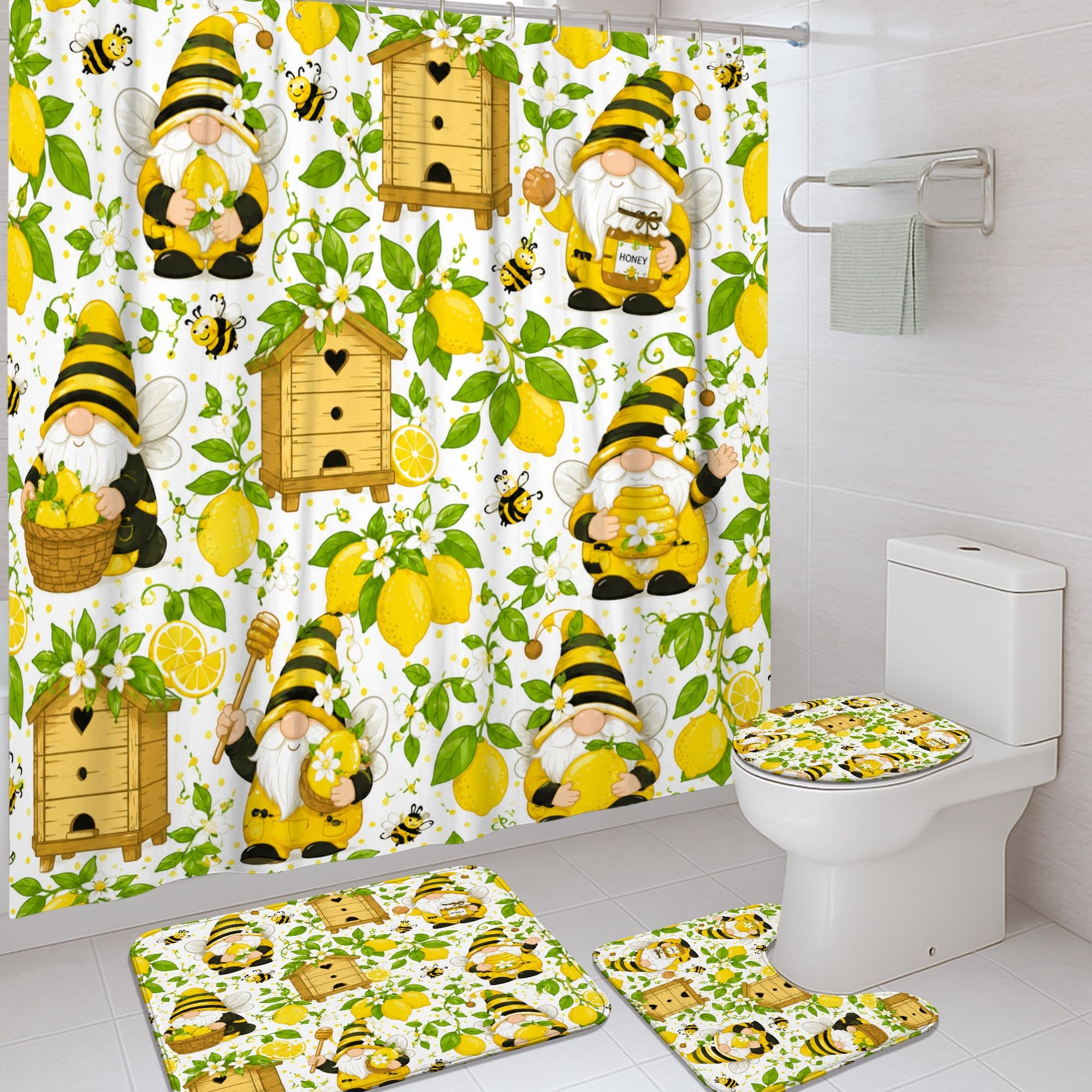 Rideau de douche imperméable jaune 183x183 cm motif abeille