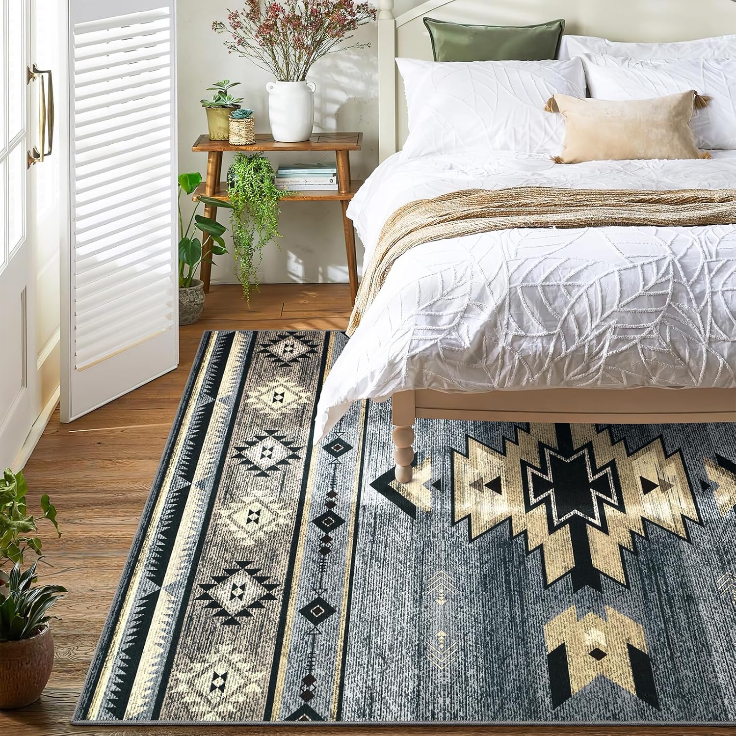 Western Rugs for Living Room, Non Slip Rustic Rug for Bedroom Dining Table Kitchen, Washable Aesthetic Area Rugs for Home Decor, 5ft x 7ft, Grey