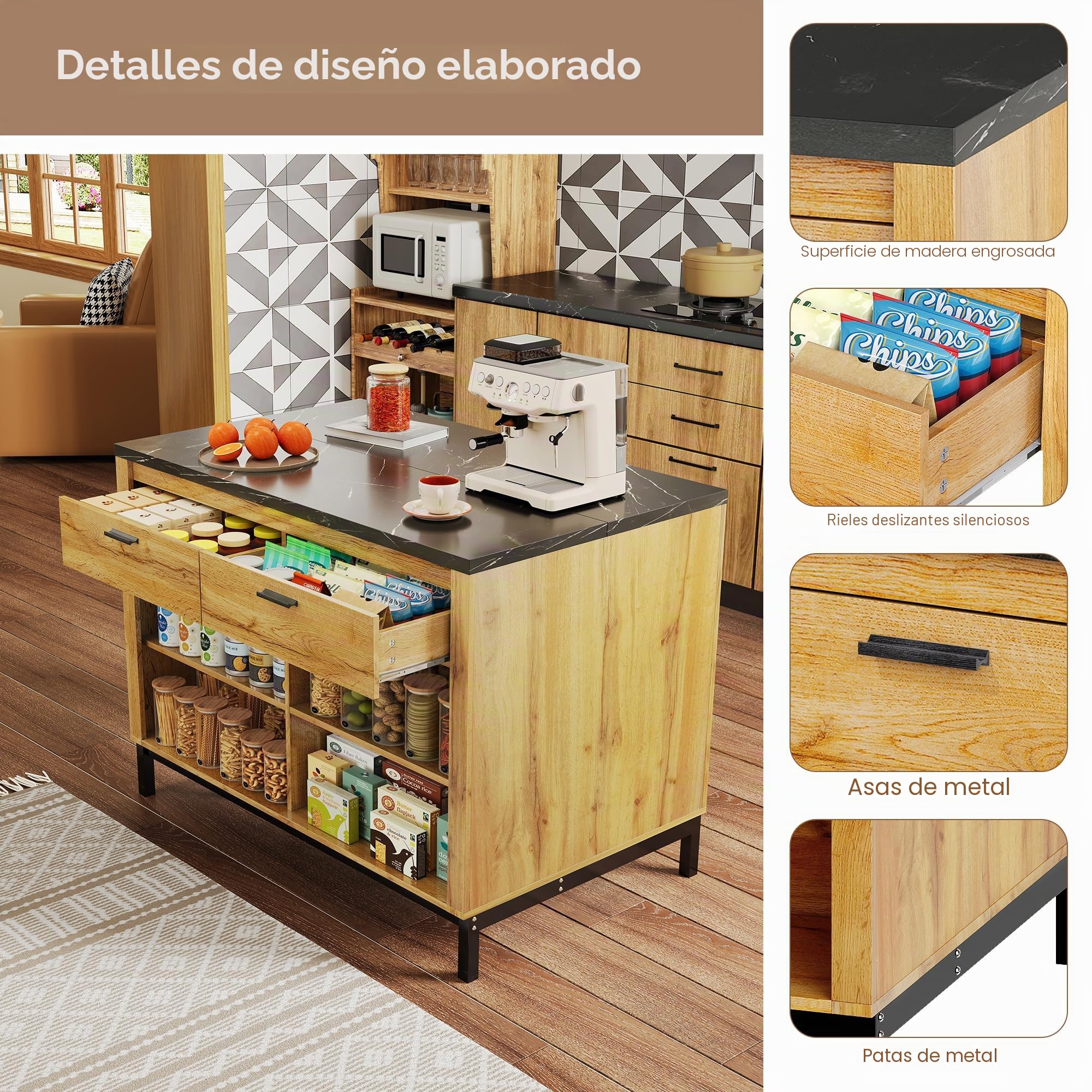 Isla de cocina de estilo rústico – Isla de cocina con 2 cajones y 4 estantes abiertos, grano de roble, encimera de mármol negro, estructura de metal, (120 × 75 × 90 cm)