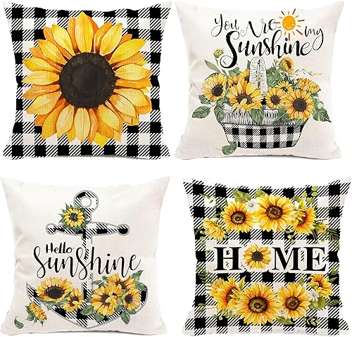 Miniatura 1 de pinata Juego de 4 fundas de almohada decorativas de girasol de 18 x 18 pulgadas, color amarillo burdeos, para sofá al aire libre, para primavera y