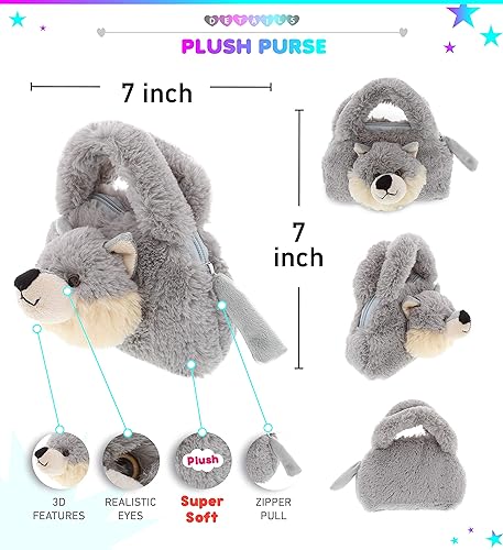 Miniatura 2 de DolliBu Bolso de peluche de lobo gris, bolso de peluche súper suave para accesorios para niños, bolsa de mano para niños, bolsa de juguete, juego de
