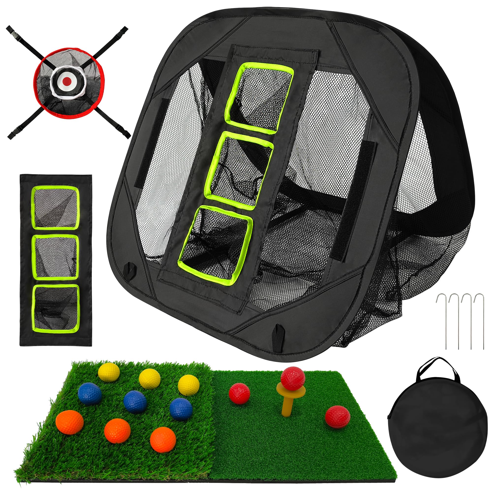Golfnetze für Garten, Golf Chipping Net 5 Modi Pop Up Übungsnetz mit Matte, 12 Schaumstoffbälle, Tragetasche und Zielscheibe, Schwarz