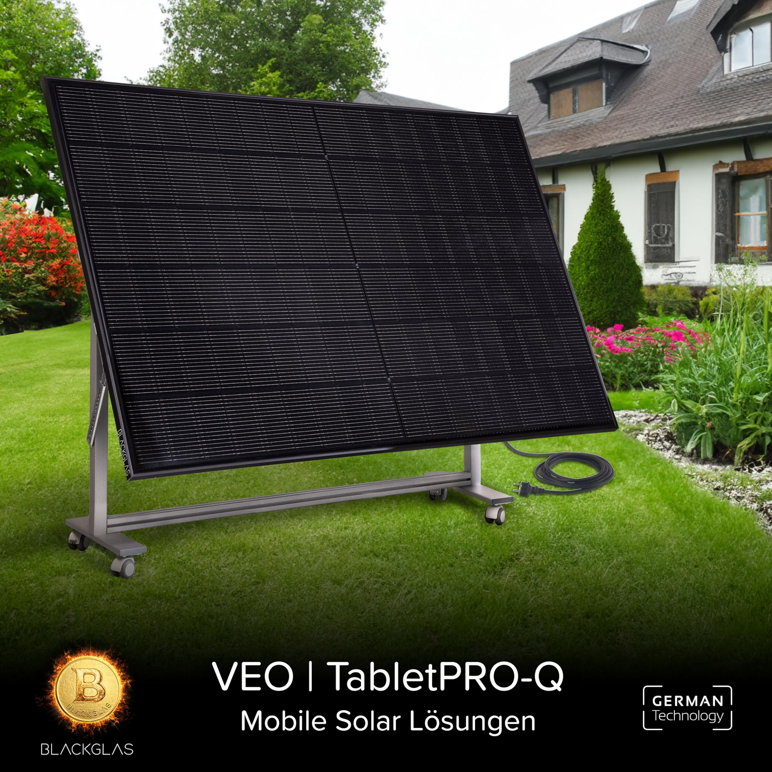 SolarScreen Sichtschutz VEOtabletPRO-Q Modul 445Wp Full Black Solarmodul, Wechselrichter mit App, 5m Kabel, Verstellbarer Winkel, Plug & Play, Vormontiert mit Rollen, Made-in-Germany