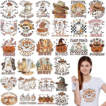 Yuntau 30 Pcs Western Halloween Iron on Transfer Patches, Retro Dtf Decal