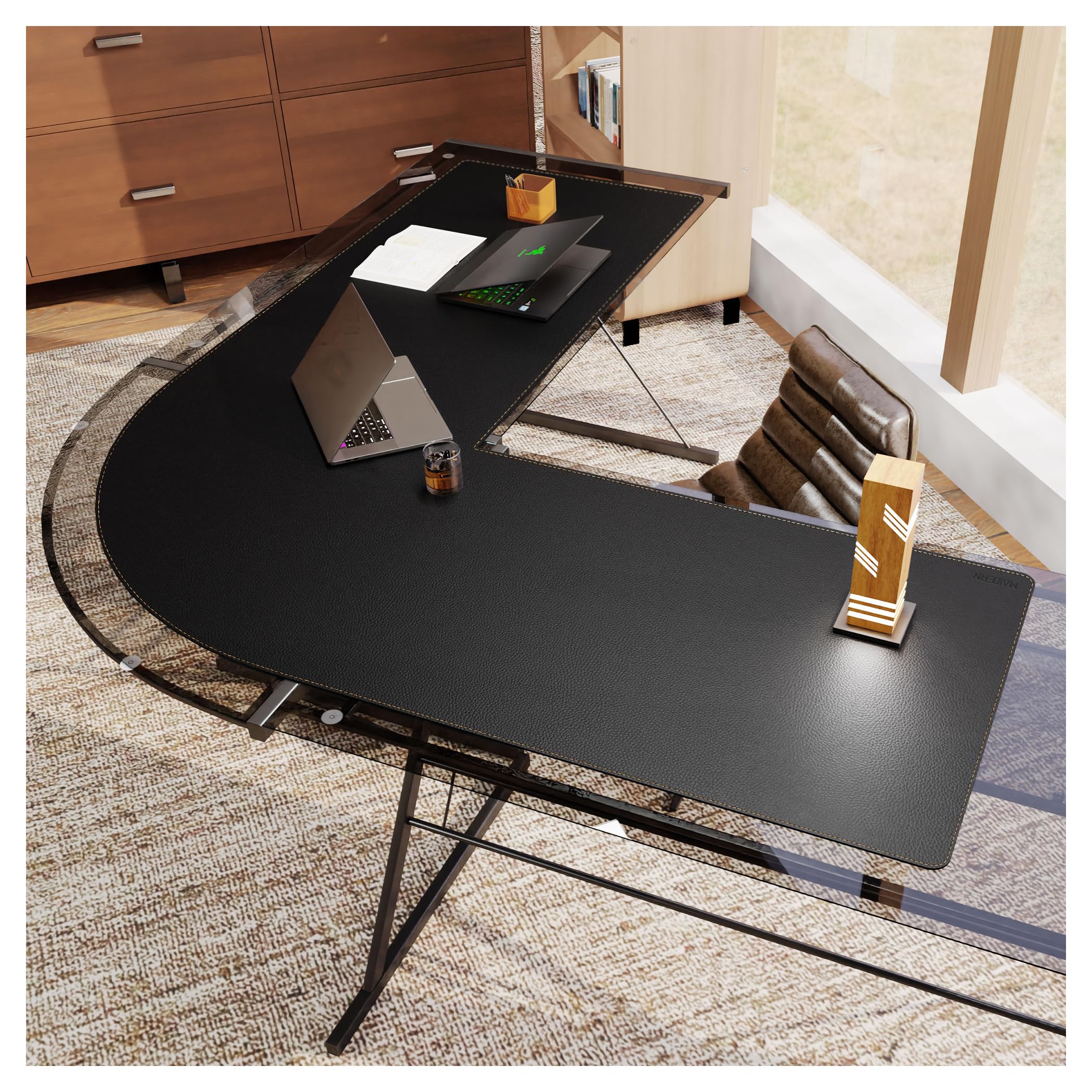 MAIDERN L-förmige Schreibtischunterlage (150+150) x50cm - XXL Ecken Mauspad, Wasserdicht & Rutschfest - Für Eckschreibtisch, Homeoffice & Gaming - Schwarz
