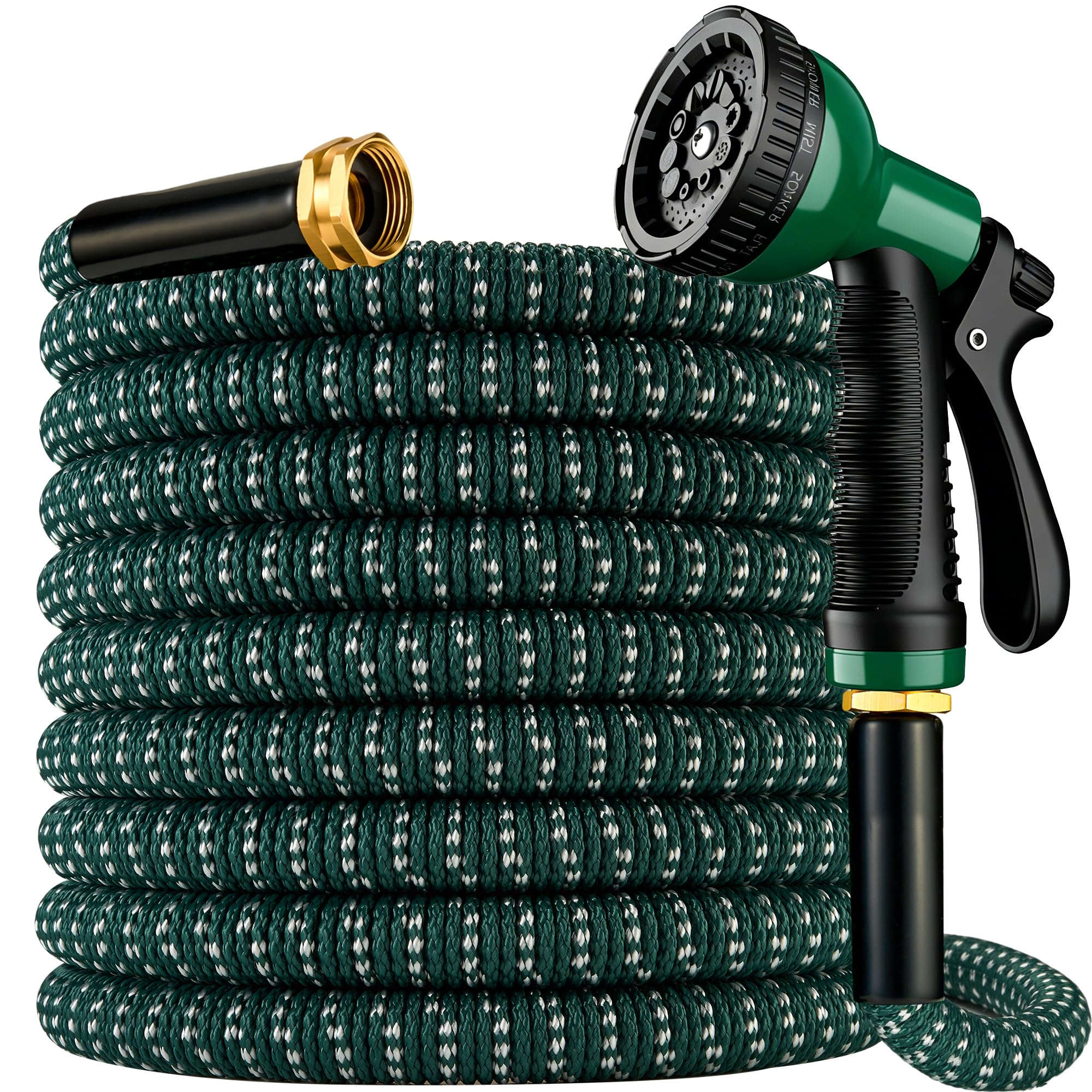 Expandable Garden Hose 100 ft with 10 Function Spray Nozzle, Flexible, Kink Free, Leak-Proof, Ultra Lightweight Retractable Stretch Water Hose 100ft for Yard, Lawn, Car Wash and Outdoor (DarkGreen)