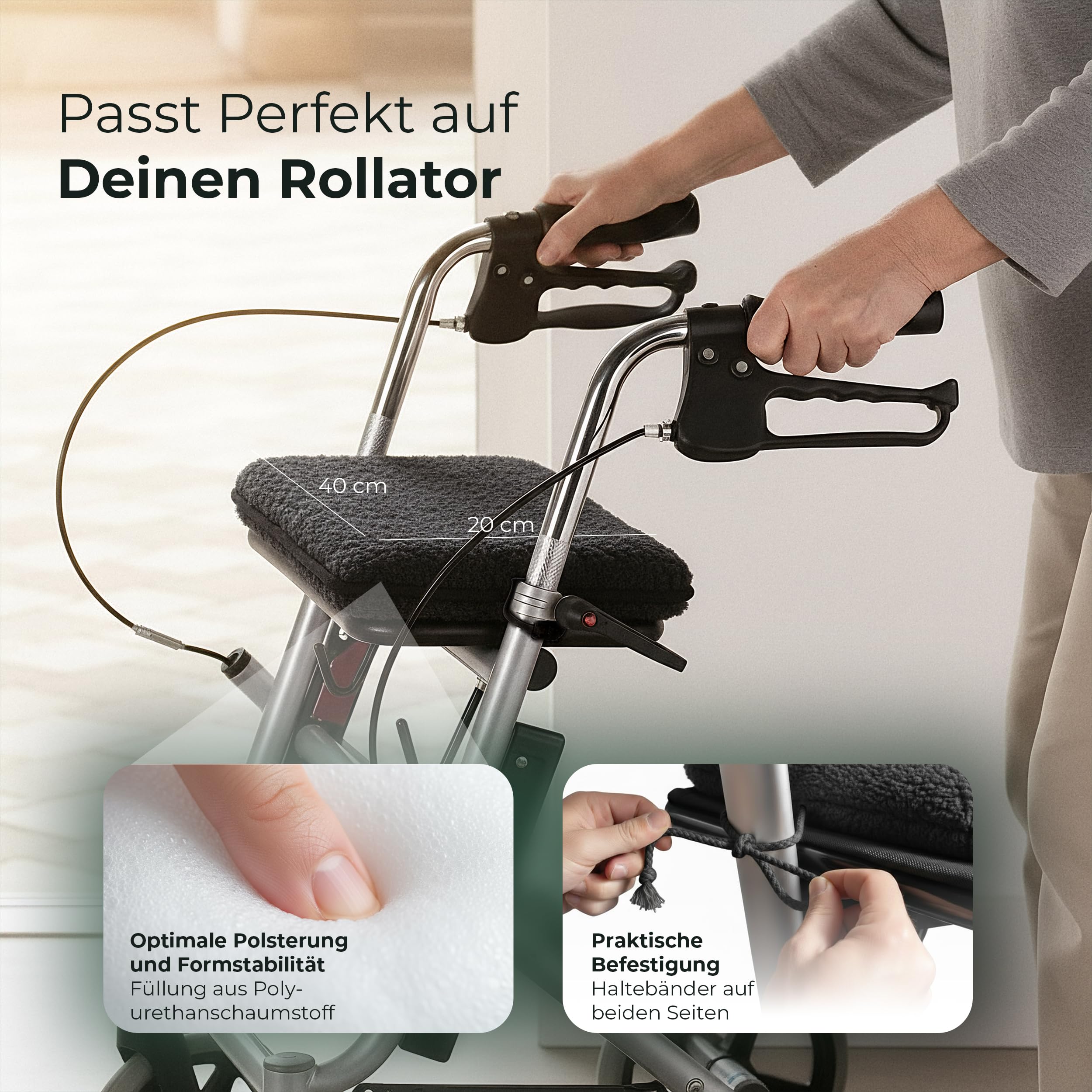 Novaliv Rollatorkissen Anthrazit 100% Schurwolle warm & atmungsaktiv 3 cm Polster 40×20 cm Fixierbänder gegen Verrutschen Uni-Design robust Handwäsche Rollator Zubehör