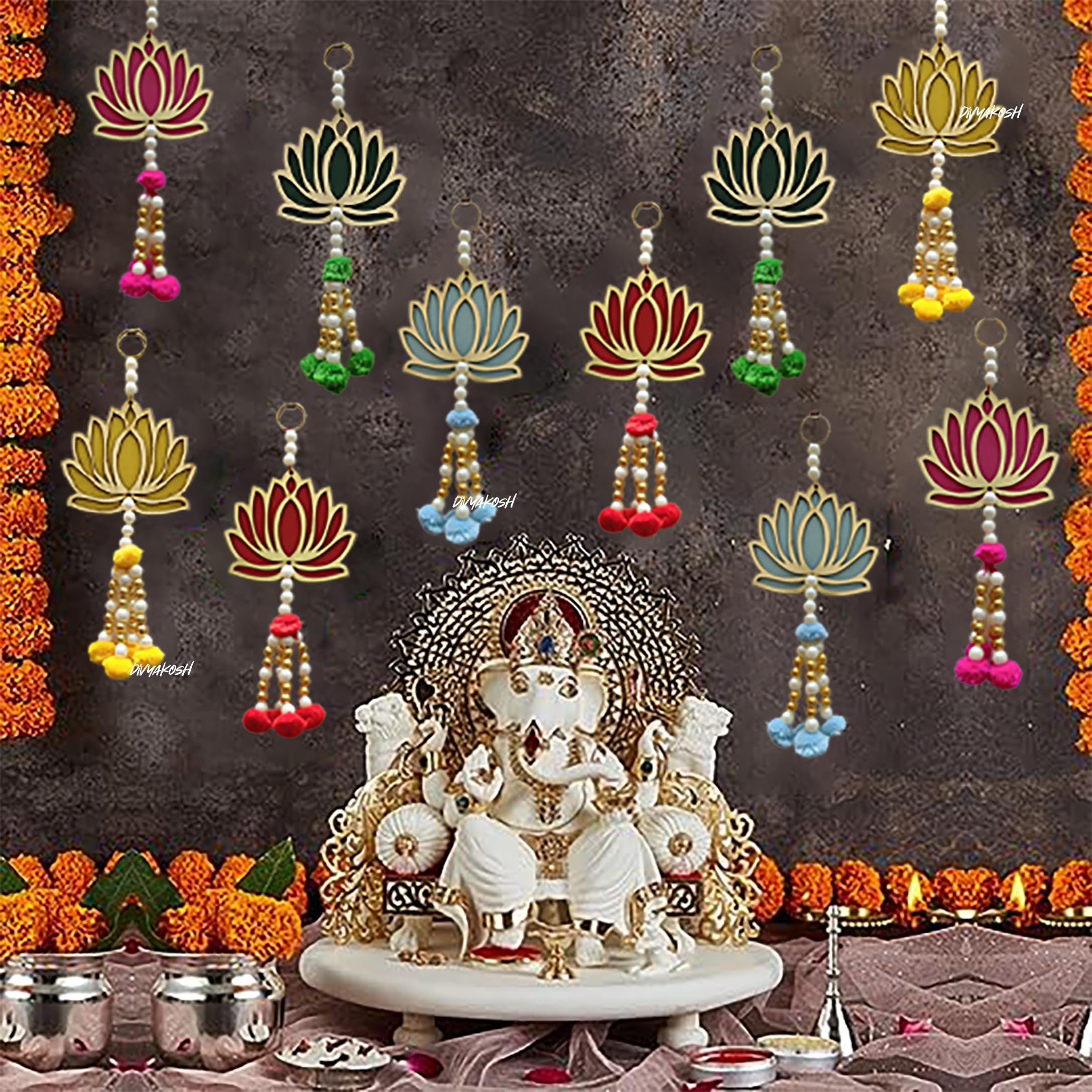 Divyakosh Handmade Wall Decor Lotus with Jhumki Style Hanging for Home, Diwali, Wedding and Festival Decor (2 PC - Blue). Try for Customers, YS/M, Yellow