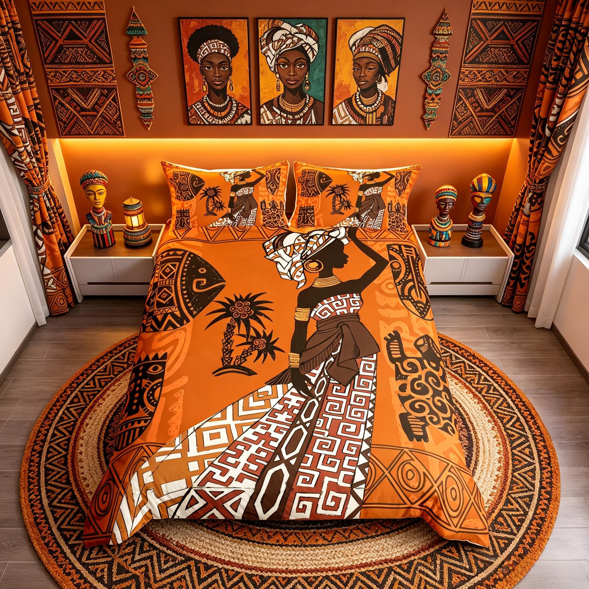 Loussiesd African Duvet Cover Set Single Size Ethnic African Landscape Print Bedding Set Exotic Afro Woman Animal Comforter Cover Aboriginal Bedspread Cover Microfiber Zipper 2 Pieces