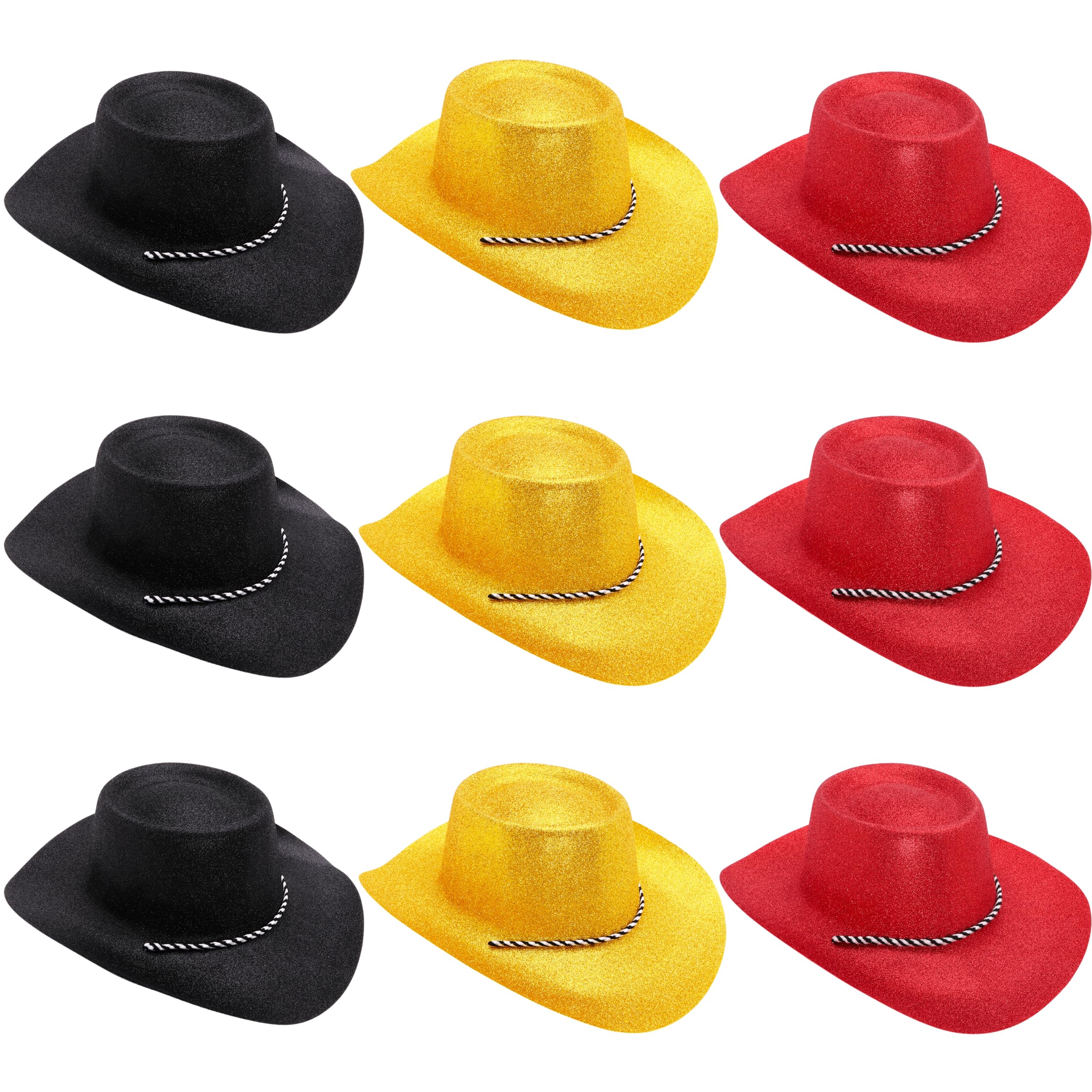 Toyland® Pack of 9 Belgium Theme Glitter Cowboy Hats, 3 Black, 3 Gold & 3 Red, Size 34cm (13")