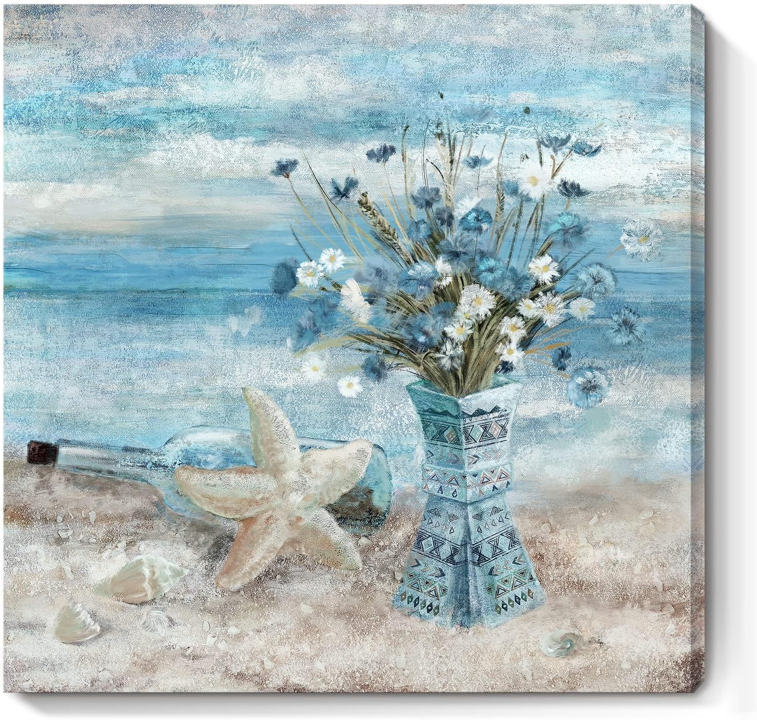Ocean Theme Bathroom Decor, (30 * 30cm) Flower Canvas Print Wall Art Modern Coastal Seascape Painting for Home Bedroom