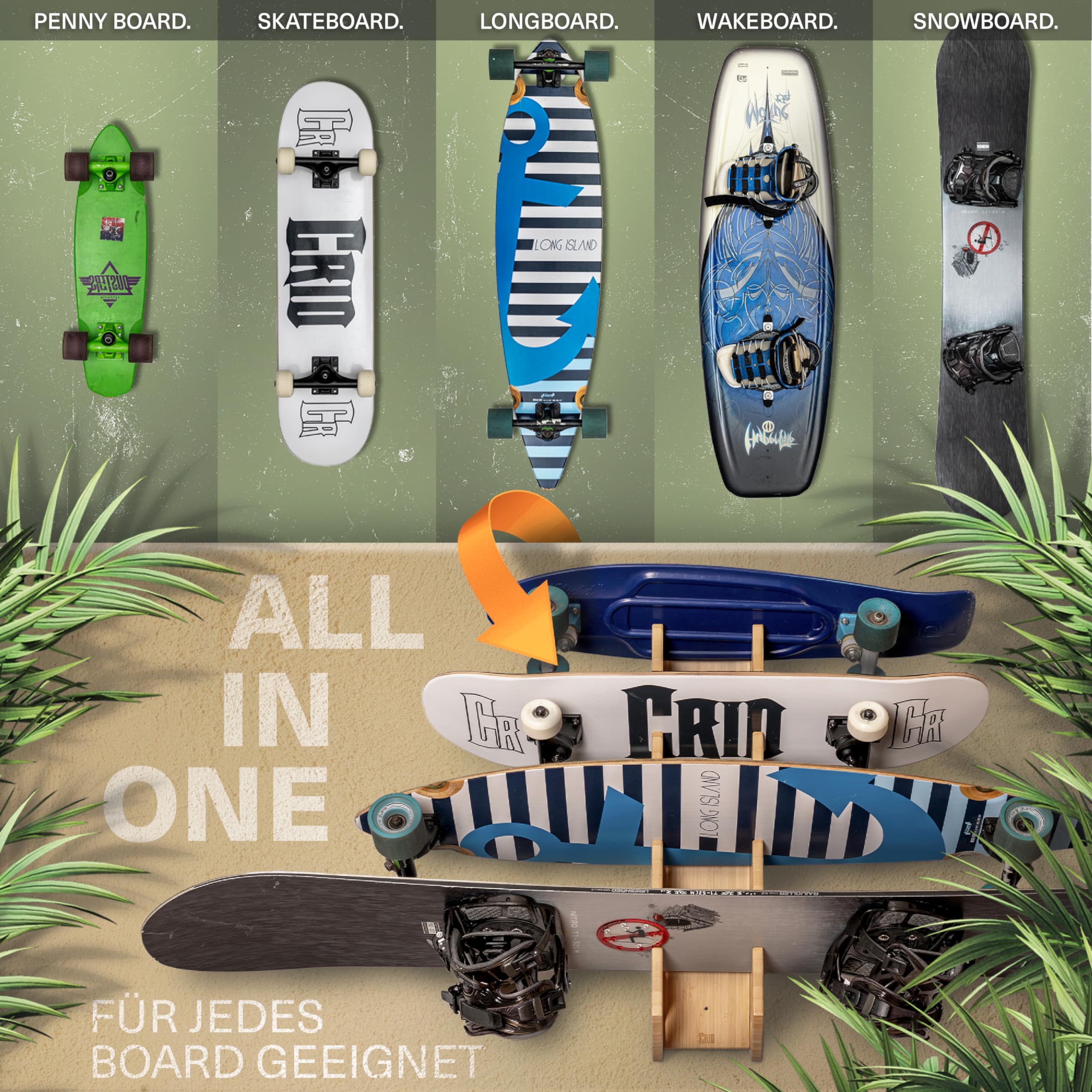 CRID® Lot de 4 supports muraux en bambou durable avec kit de montage, pour accrocher des planches telles que des skateboards, des longboards, des wakeboards et des kiteboards,Support mural en bois