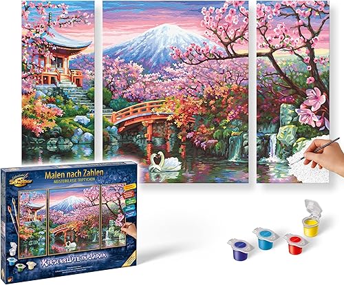 Schipper 609260751 - Kit de pintura por números para adultos, diseño de flores de cerezo en Japón, incluye pincel y pinturas acrílicas, tríptico,