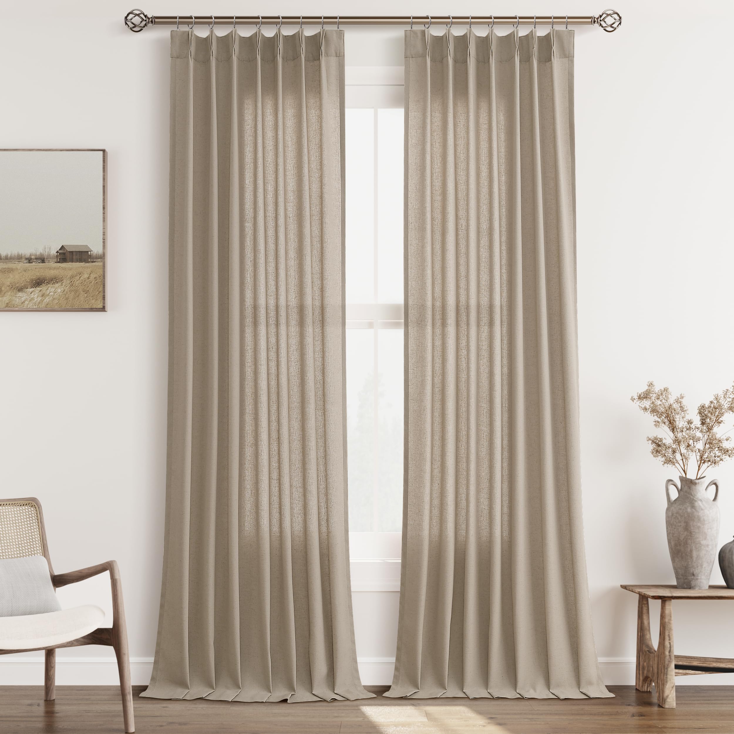 Photo 1 of Aersas Light Taupe Pinch Pleat Linen Curtains 108 Inch Length 2 Panels Set for Bedroom Dinging Room Semi Sheer Boho Farmhouse Neutral Window Curtains 108 Inches Long for Living Room Nursery 40x108