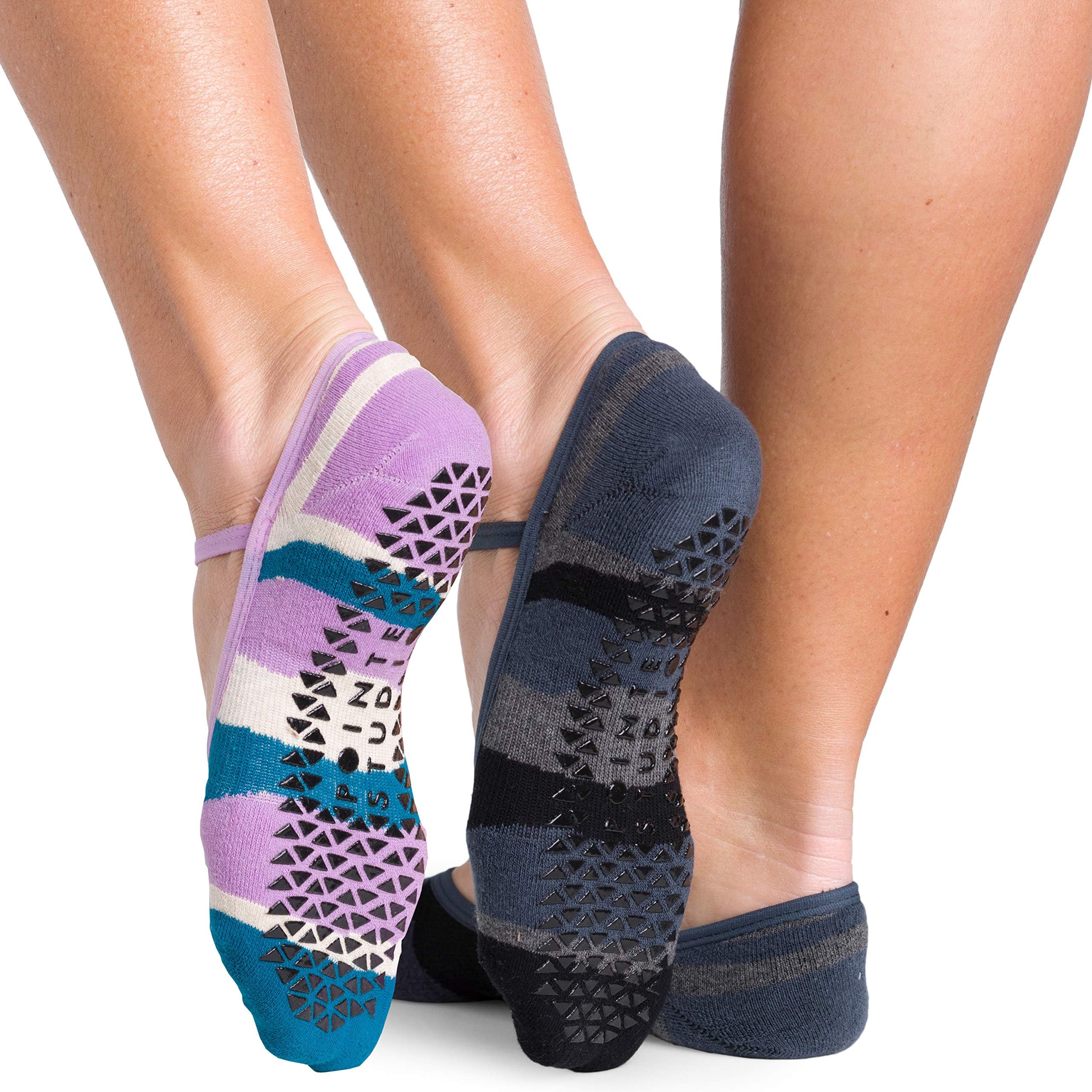 Pointe Studio Ankle Thin Strap Socks for Women - Grippers, 2 Pack [Non-Slip, Yoga, Pure Barre, Pilates, Dance, Bearfoot Feel]