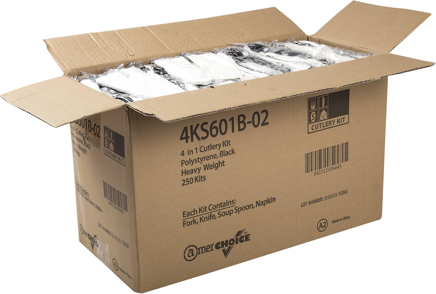 AmerCareRoyal 4-in-1 Disposable Silverware Heavy Weight Plastic Utensil Set with Soup Spoon, Fork, Knife and 13x17 inch Napkin - Individually Wrapped Cutlery Meal Kit, Black, Case of 250