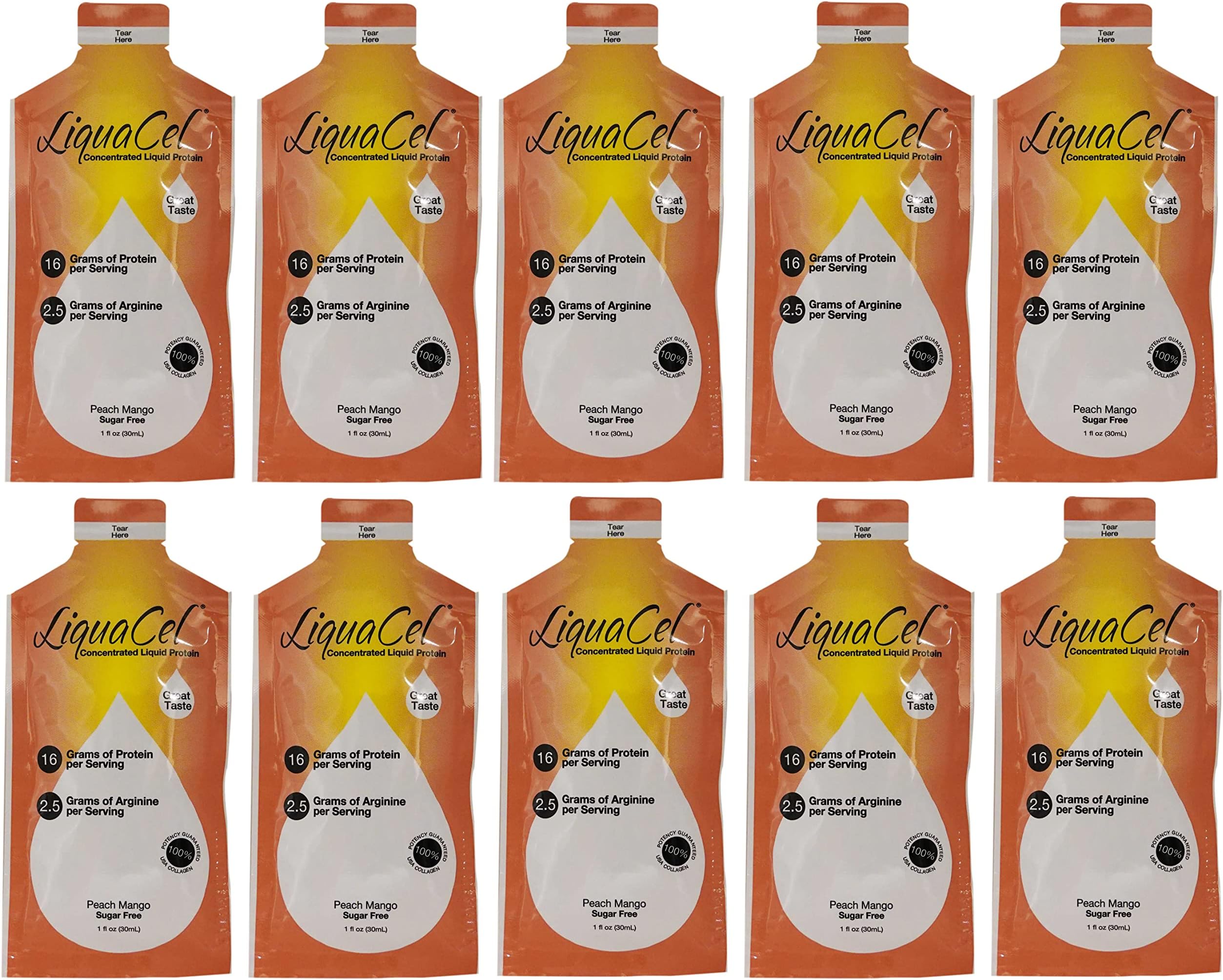LiquaCelLiquid Protein 16g Peach Mango Collagen Whey Arginine per 1oz Serving 10 Packets