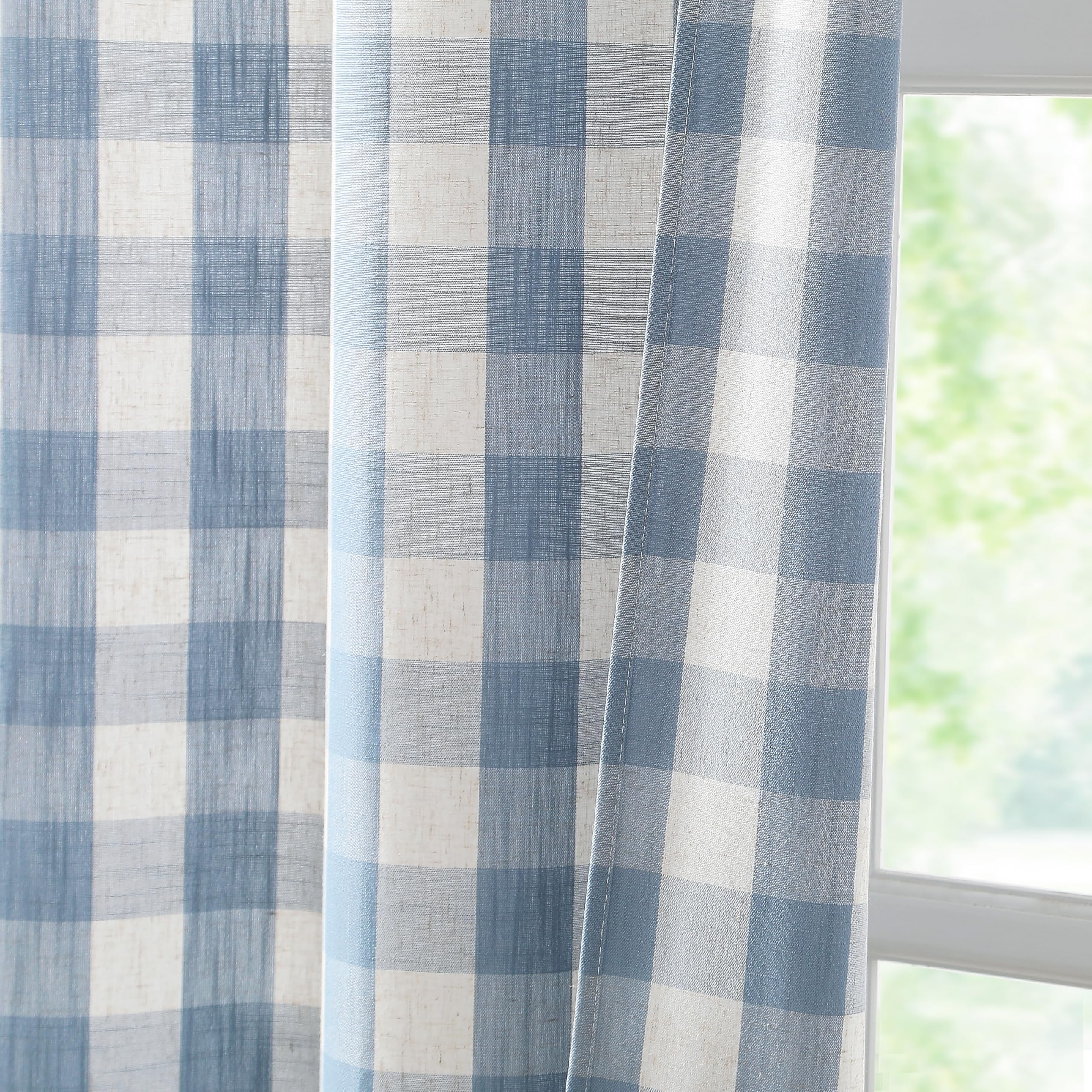 Bapawfish 54 Inch Linen-Dusty Blue Buffalo Plaid Semi Sheer Curtain Panels,Farmhouse Gingham Drapes for Living Room Bedroom,Short Rustic Rod Pocket Window Treatment,40" Wx54 Lx2,Linen-Dusty Blue