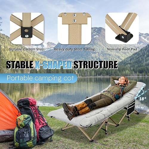 Miniatura 5 de HABUTWAY Catre de campamento, catre portátil para adultos, cuna de dormir de 28 pulgadas de ancho, carga máxima de 600 libras con colchón grueso y