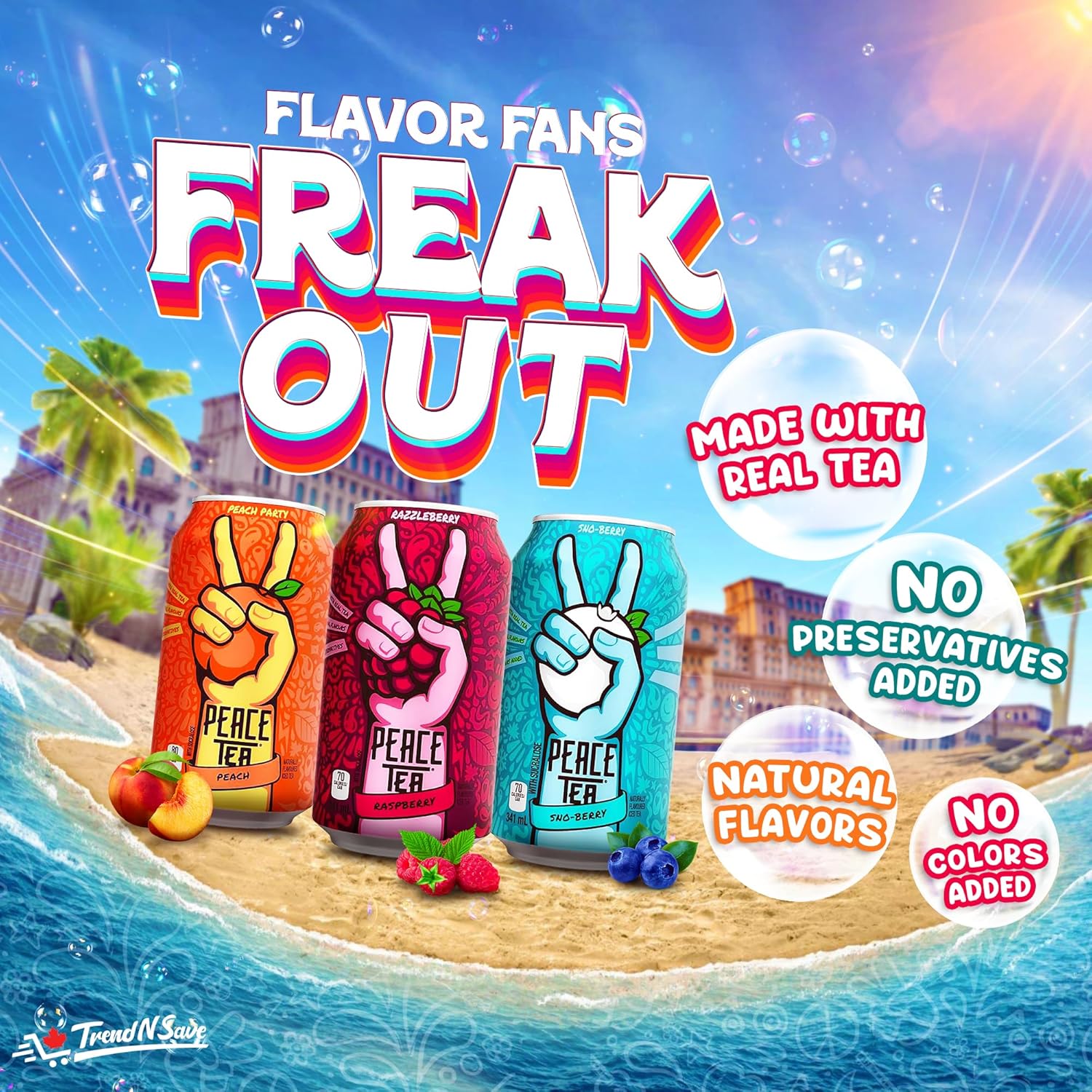 Peace Tea Variety Pack - NO Preservatives, Made with Real Tea, and Natural Fruity Flavor - Pack of 12 Iced Tea Cans (4 Cans of Razzleberry, 4 Cans of Peach, 4 Cans of Sno Berry) 3 Flavors, 341 mL/11.5 fl. oz - Shipped from Canada by TrendnSave