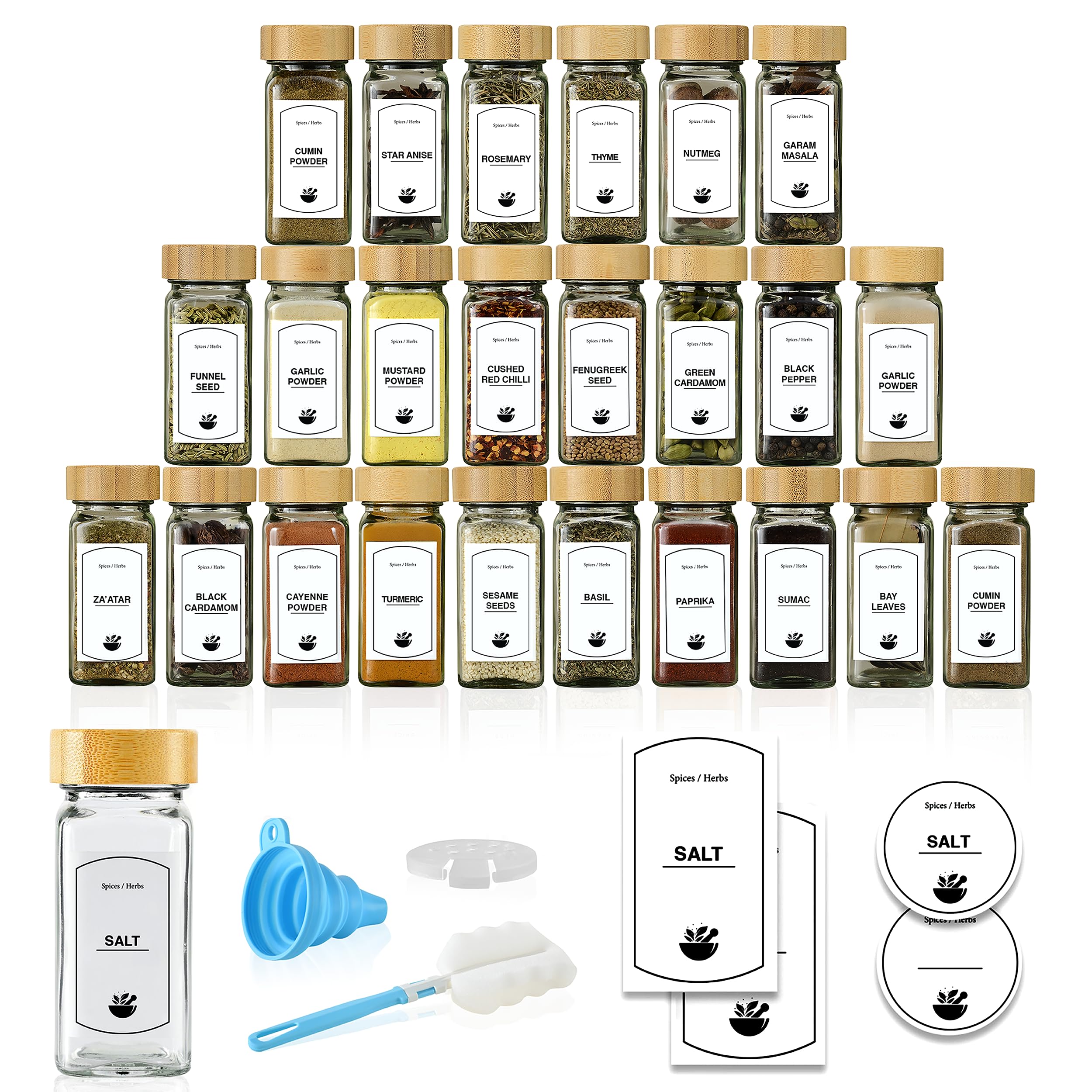 ToughHub 24 Pcs Glass Spice Jars with Bamboo Lids - 4 Oz Airtight Spice Containers with Shaker Lids, 96 Pre-Printed English Labels, Silicone Funnel & Cleaning Brush – Spice Bottles for Home Kitchen