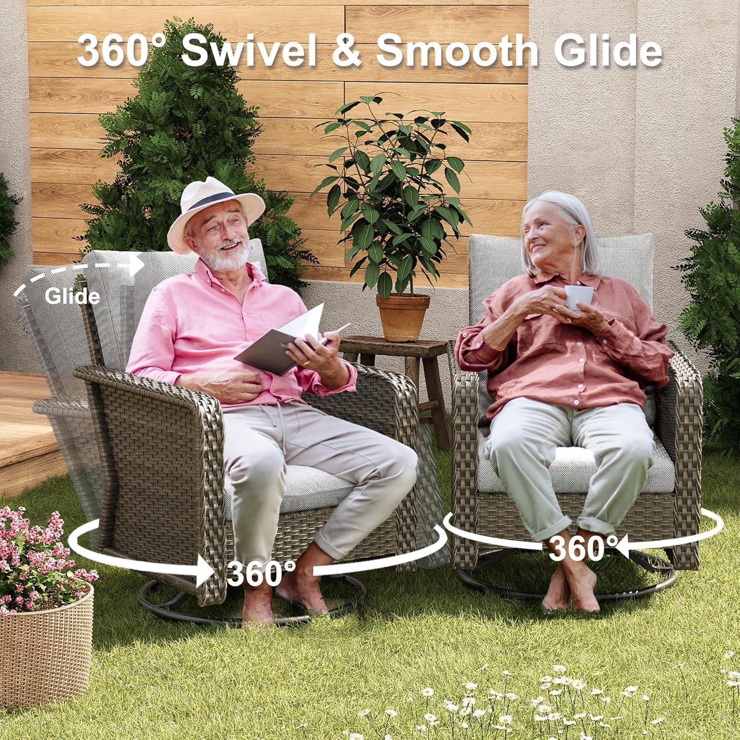 XIAO WEI 7-Seat Patio Furniture Set with Fire Pit Table, Swivel Chairs, Loveseats and Ottoman, Outdoor Furniture Set, Conversation Sectional Sets for Yard, Garden & Backyard, Beige