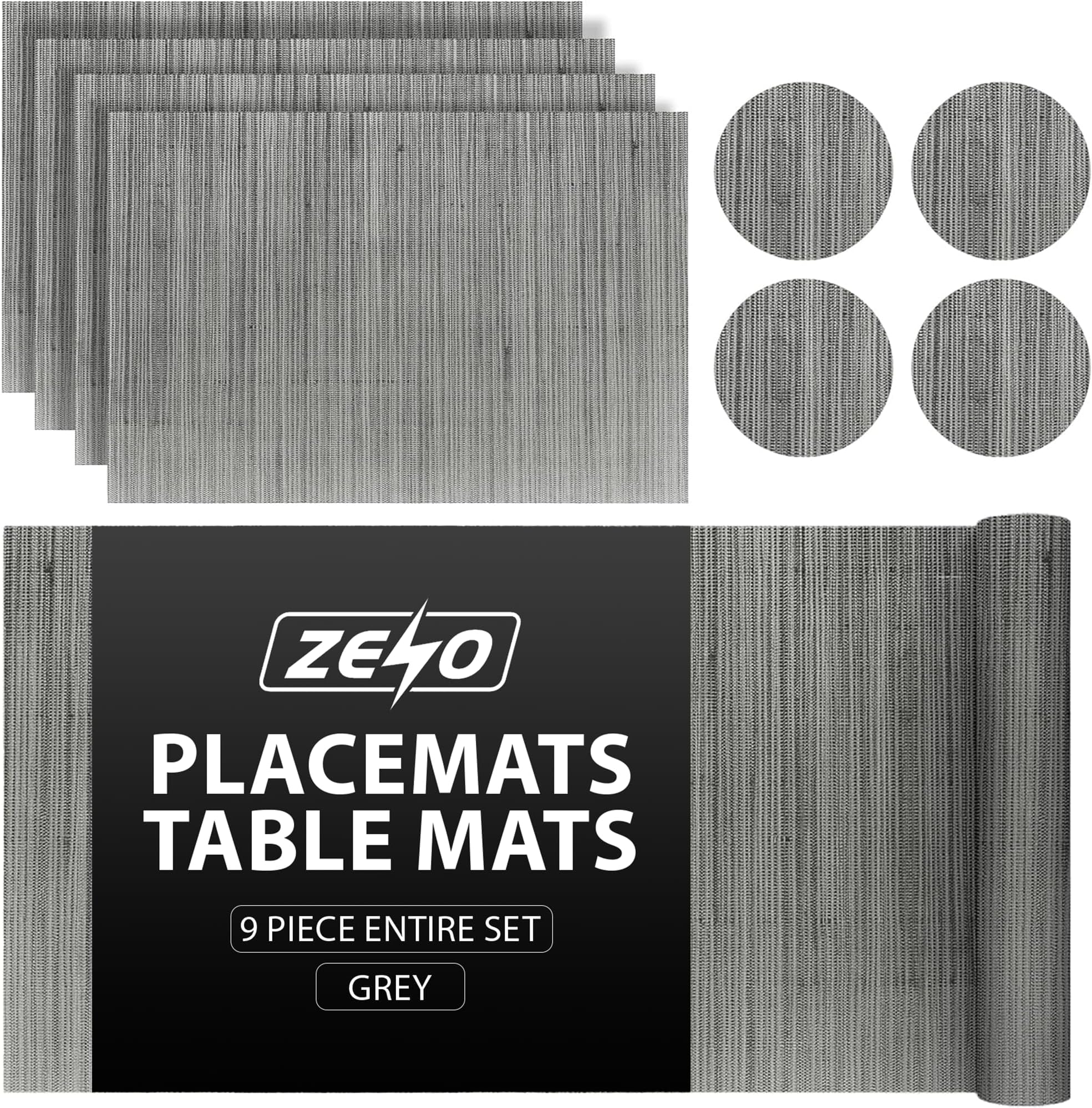 ZENO Placemats Table Mats | 9 Piece Set with 4 x Placemats + 4 x Coasters + 1 x Long Table Mat | Resistant Anti Slip Table Place Mats and Coaster Sets for Home | Restaurant | Grey