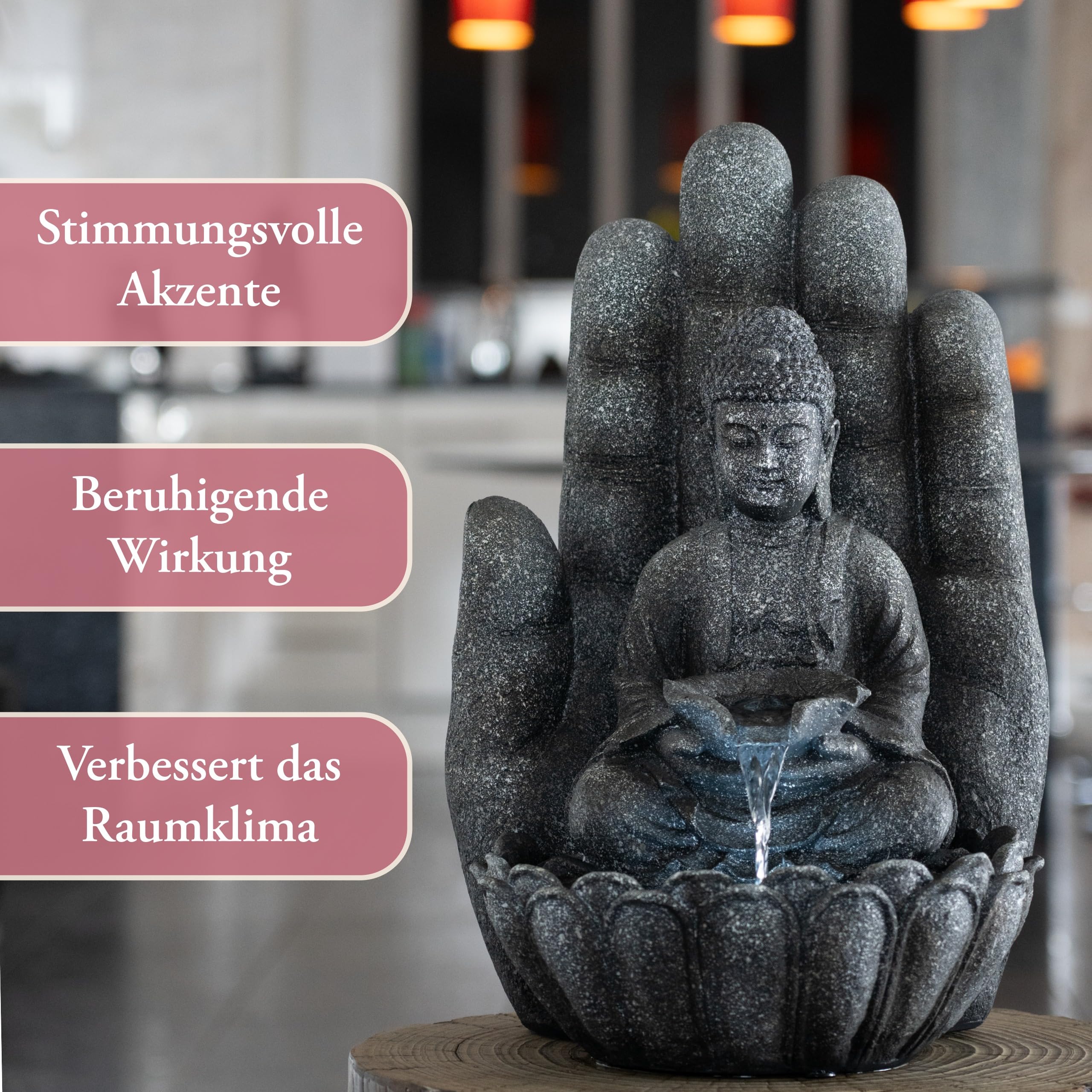Zimmerbrunnen – Buddha mit Beleuchtung, Wasserspiel Wasserfall, Springbrunnen innen, Dekobrunnen Wohnzimmer, Kaskadenbrunnen, Zierbrunnen, Brunnen-Innenbereich, Zimmer-Brunnen Wasserfall