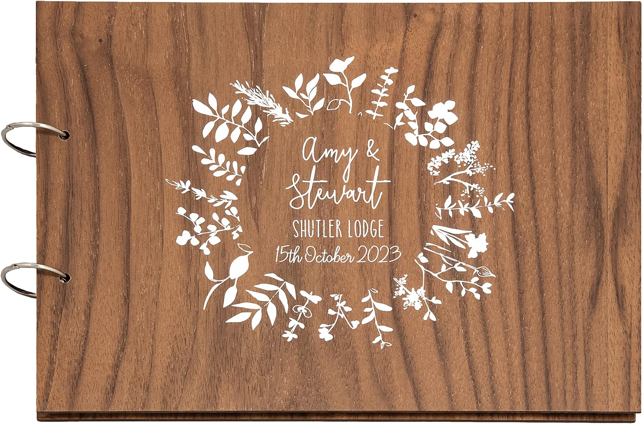 White circle personalised wedding day guestbook | wooden guest books the for reception | alternative rustic wood albums | blank paper card sign guests | message customised album | plain book